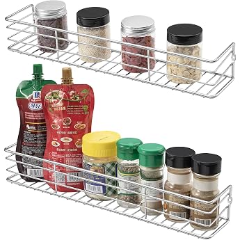 QIWODE Set of 2 Metal Spice Racks Sturdy Hanging Organiser for Spices Kitchen Shelf Cupboard Insert Bathroom Shelf Decoration etc. Approx. 40 x 8 x 6 cm