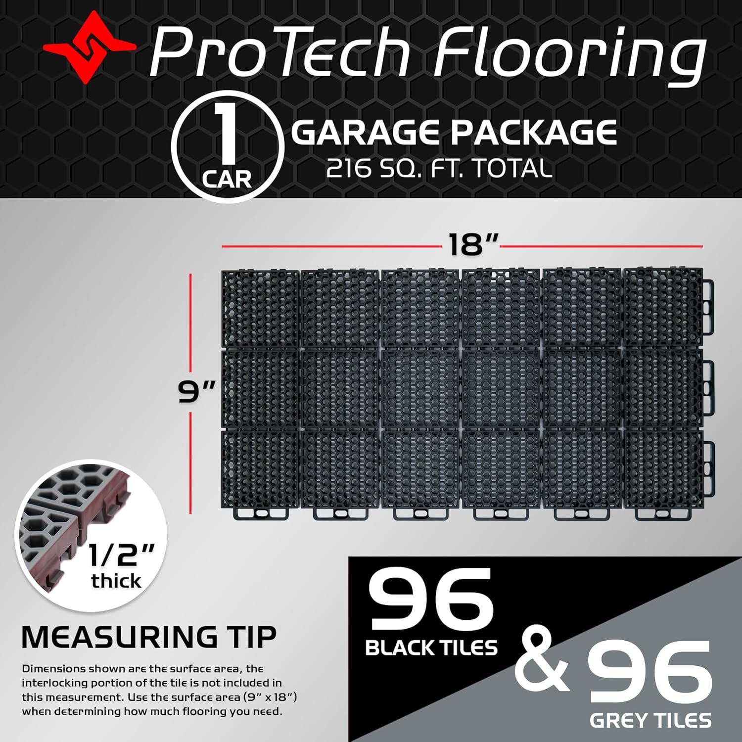 ProTech Floor Tile Bundle, One Stall Garage Package with 216 Sq. Ft. of Interlocking Tiles, Black and Grey