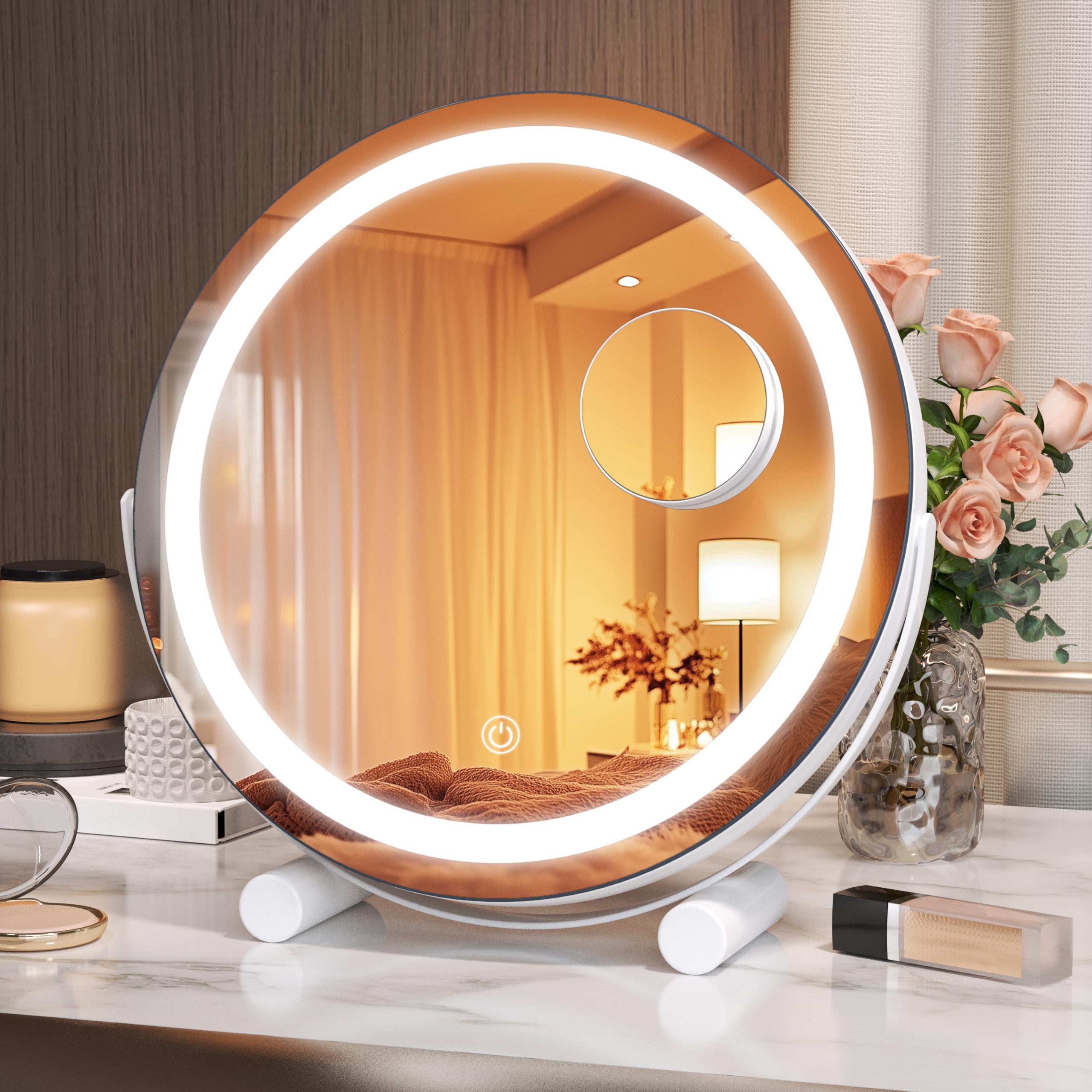 Hasipu Vanity Mirror with Lights, 11" x 11" LED Makeup Mirror, Lighted Makeup Mirror with Lights, Smart Touch Control 3 Colors Dimmable Mirror White