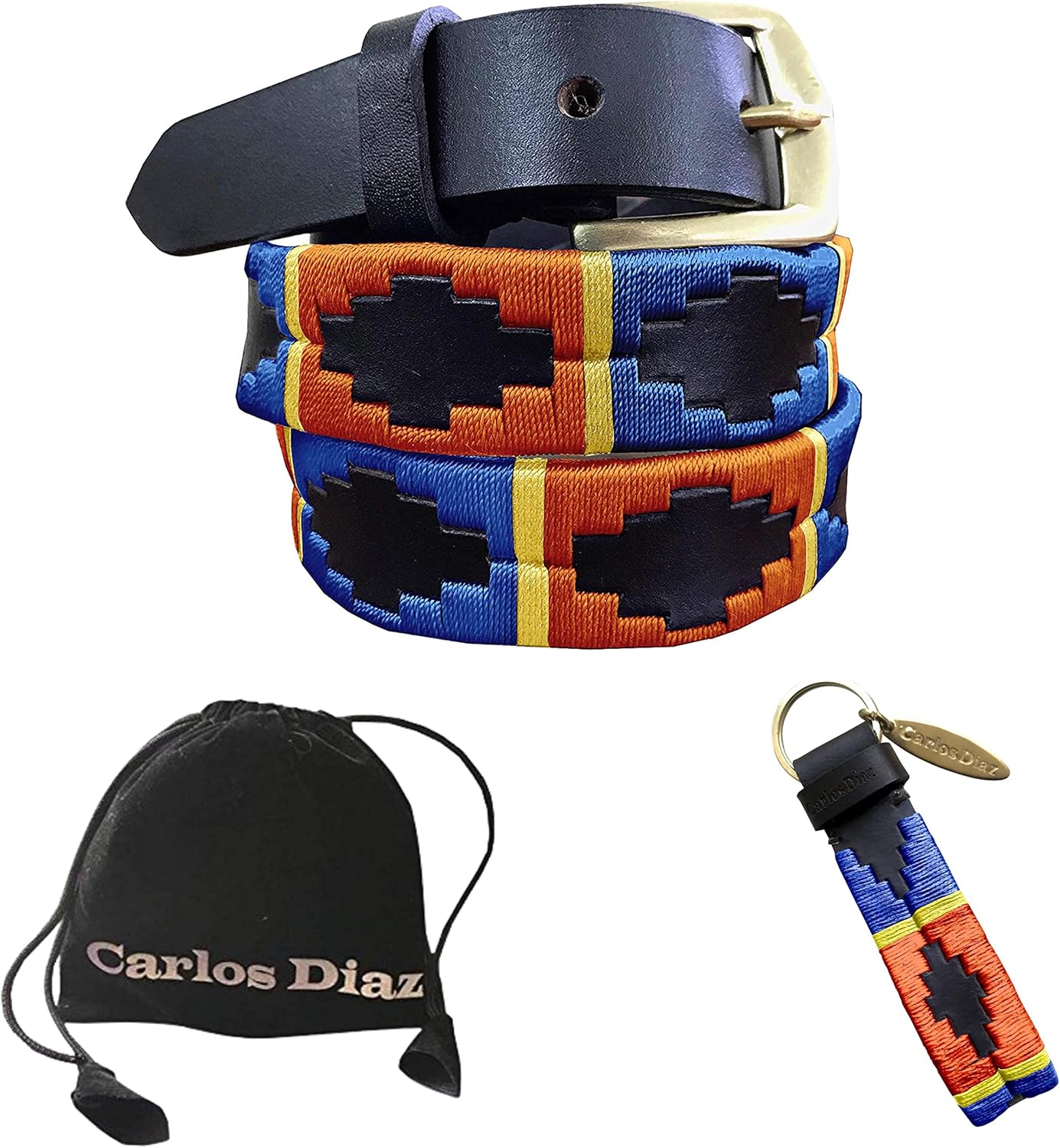 CARLOS DIAZ Skinny Mens Womens Unisex Brown Leather Embroidered Polo Belt