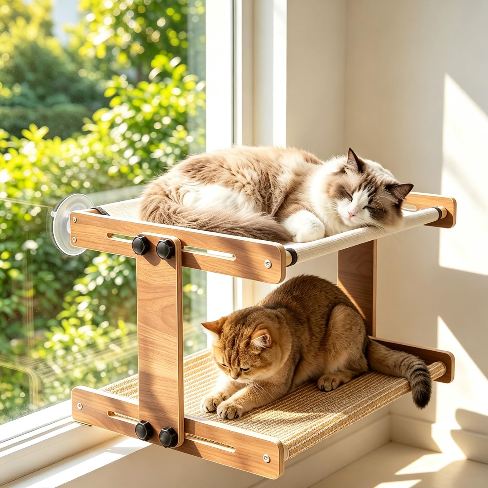 Marchul Amaca a due piani per finestra per gatti, a 2 livelli, con superficie rimovibile in sisal, struttura in legno robusto, letto a ventosa per gatti multipli