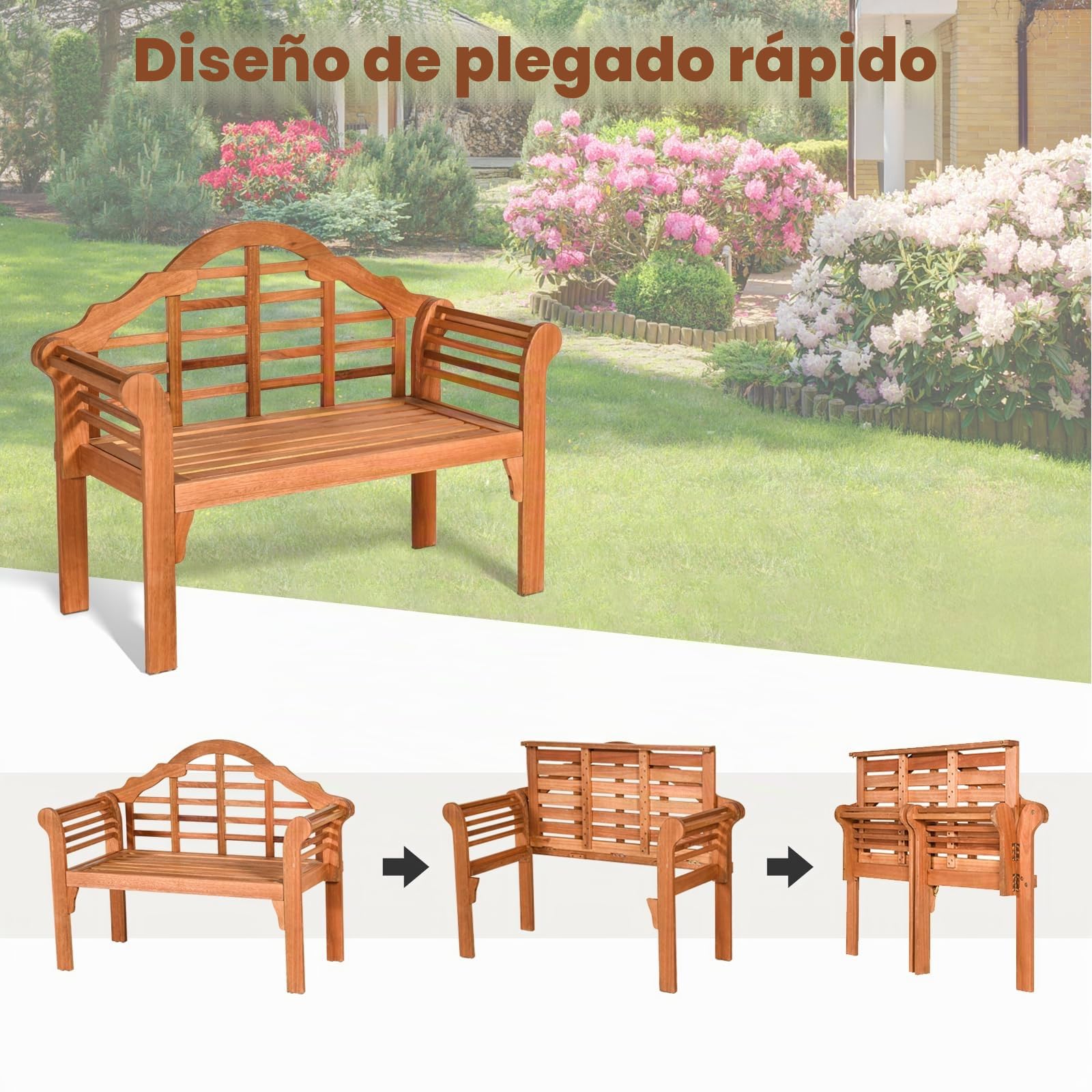 KOMFOTTEU Banco de Jardín Plegable de 2 Plazas de Madera de Acacia | Silla de Parque Ergonómico con Reposabrazos y Respaldo, Carga de 360 kg, para Terraza, Balcón
