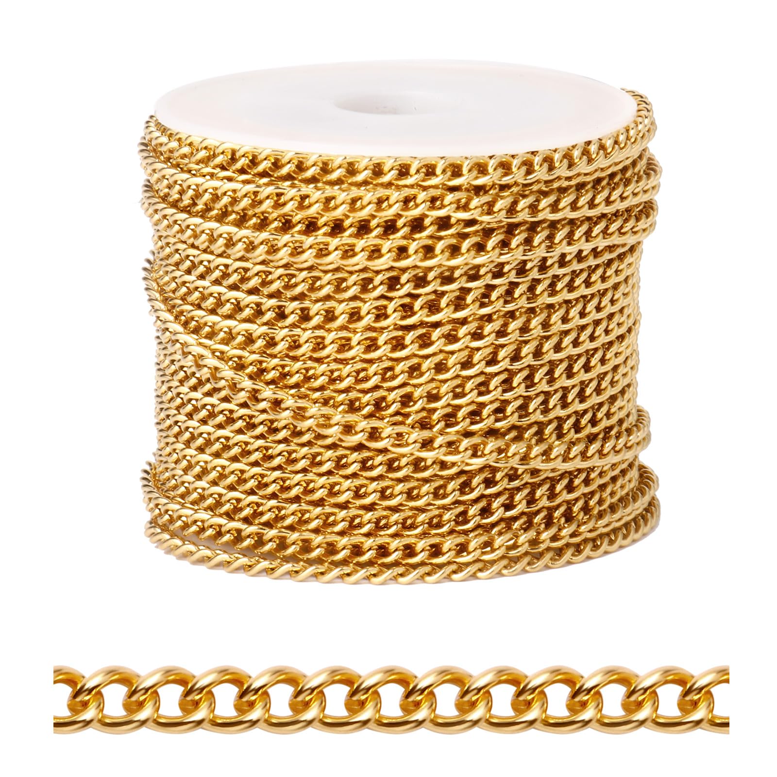 [33 FT] 18K Gold PVD Plated Curb Chains Bulk for Jewelry Making, 3mm 304 Stainless Steel Flat Twisted Links Curb Chains Roll Spool for Jewelry Making