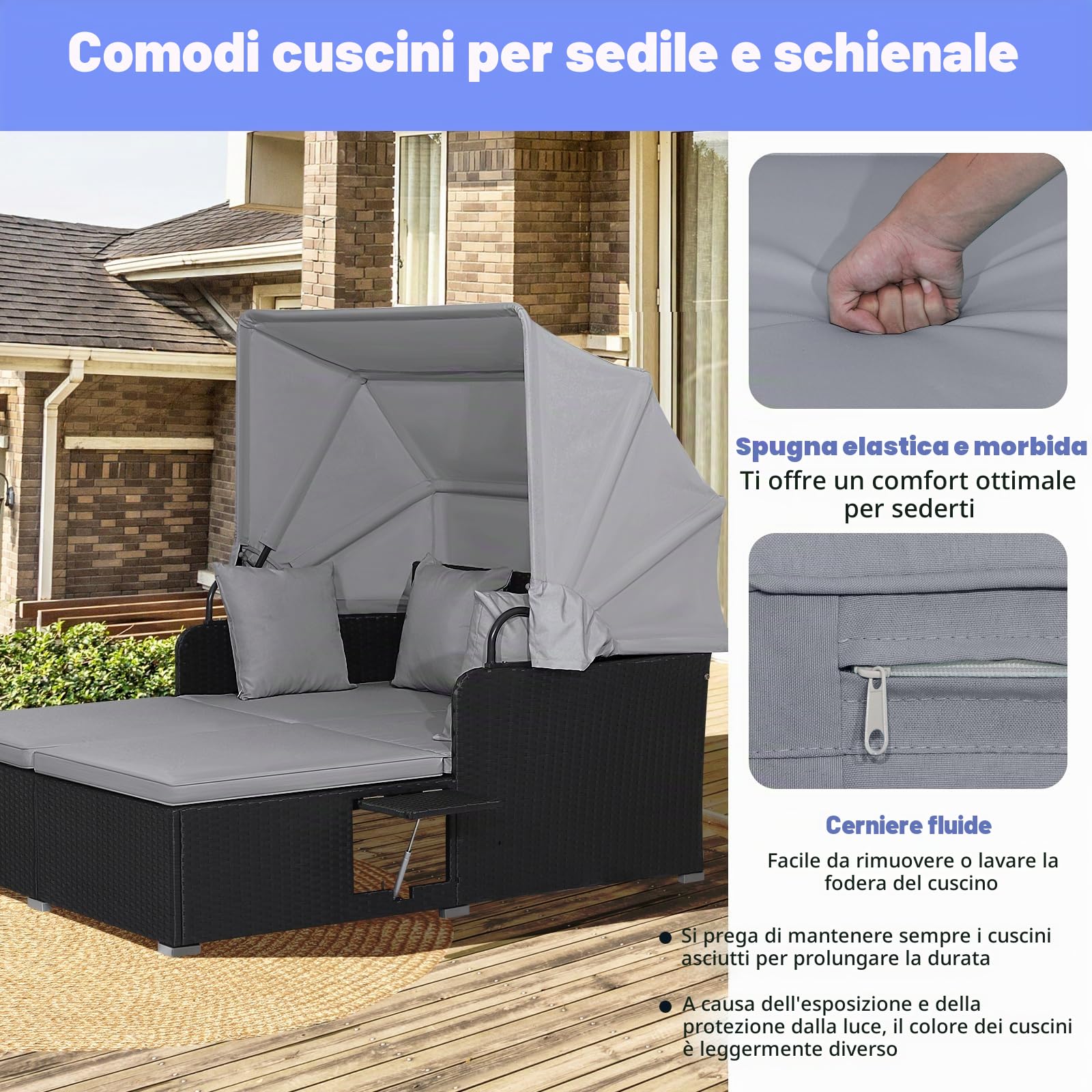 LIFEZEAL Salotto da Giardino Esterno, in Rattan PE, Divanetto per 2 Persone, Trasformabile in Letto Matrimoniale, con Ombreggiatura del tettuccio, Tavolino da Caffè e 4 Cuscini, 165x153x138cm (grigio)