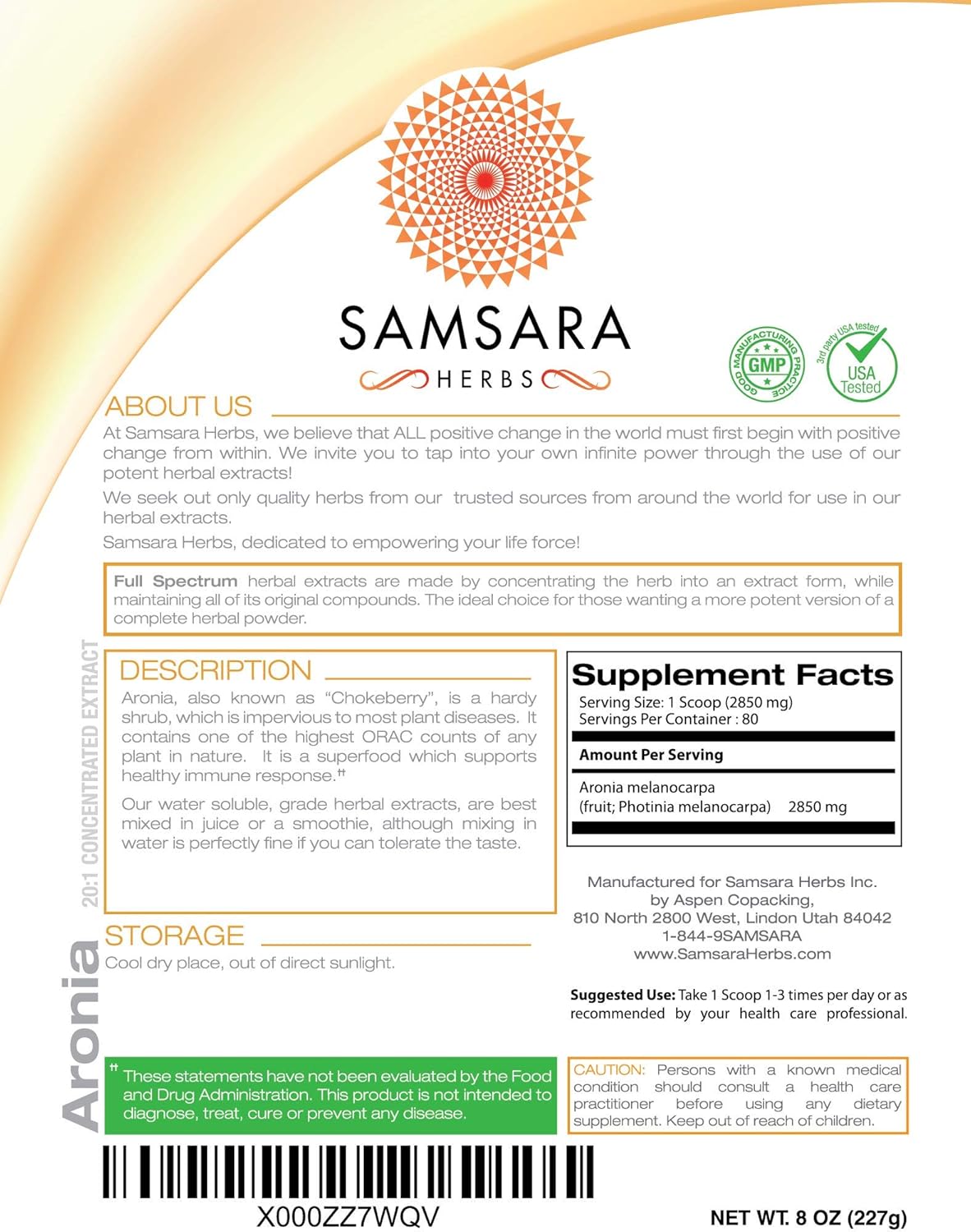 Samsara Herbs Aronia Berry 20:1 Extract Powder (8oz/227g) - Antioxidant, Flavonoids and Polyphenols Supplement - High ORAC - Native American Berry - Improved Wellbeing : Health & Household