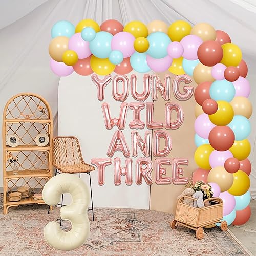 Miniatura 4 de Tres decoraciones de fiesta geniales, decoraciones de tercer cumpleaños para niñas, jóvenes salvajes y tres globos guirnalda arco kit para hippie