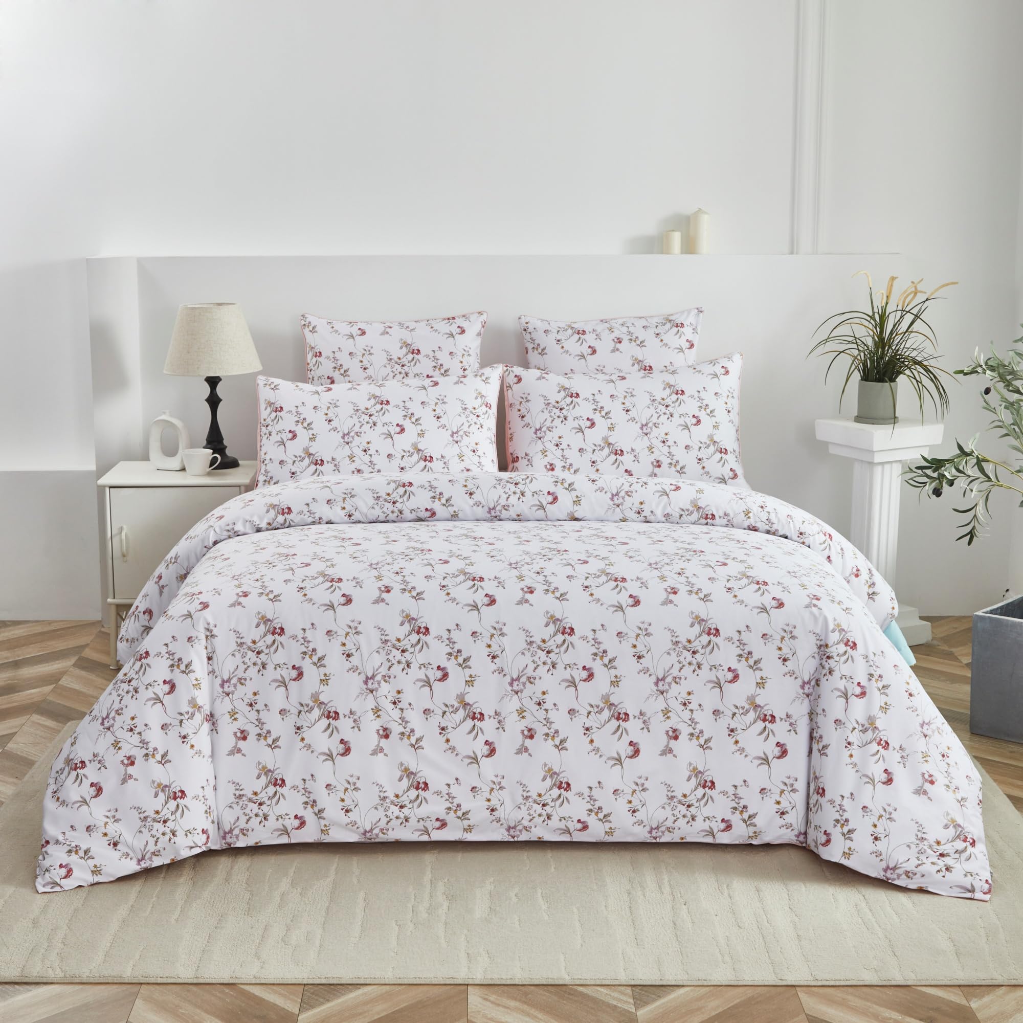 USTIDE Country French Floral Duvet Cover Set 3 Pieces Egyptian Cotton Bedding King Shabby Blossom Bedding Comforter Cover with 2 Pillowcases