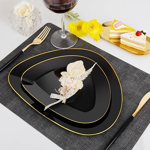 Miniatura 2 de supernal 60 platos de plástico negro y dorado, platos de plástico negro, platos dorados triangulares, platos negros desechables para fiestas,