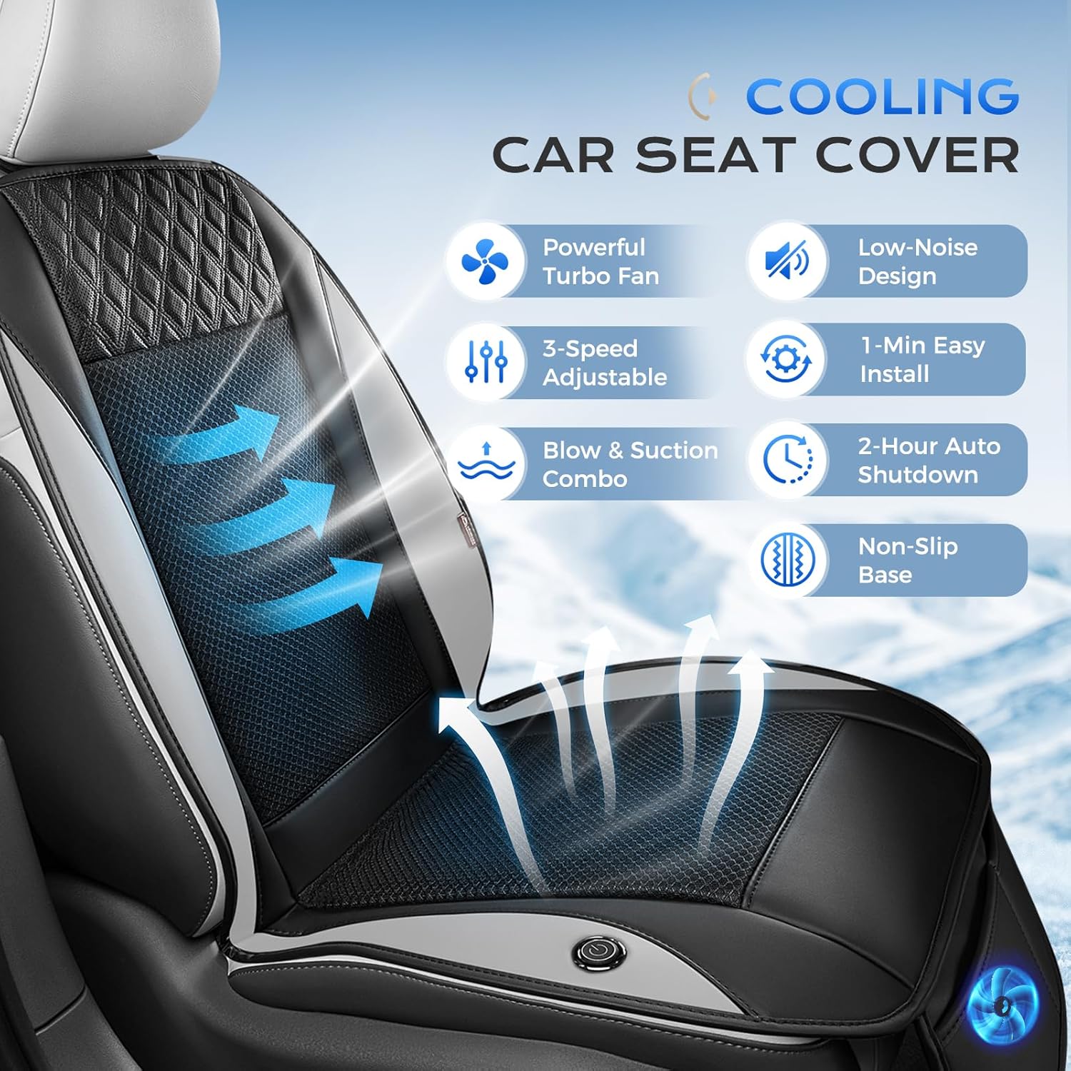 Coverado Cooling Car Seat Cover with High-Velocity Turbo Fan, Powerful Blowing & Suction Pad, 12V-24V Ventilated Cushion, 3-Speed Adjustable Airflow, Universal Fit for Car SUV Truck Van（Gray）