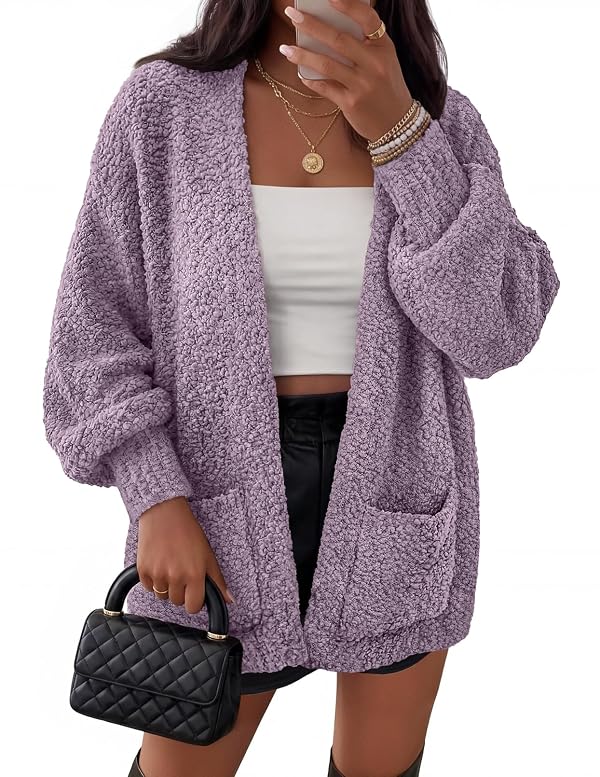 MEROKEETY Women's Fuzzy Sherpa Chenille Cardigan Sweaters, Taro, Medium by MEROKEETY - Used condition - US$36.86