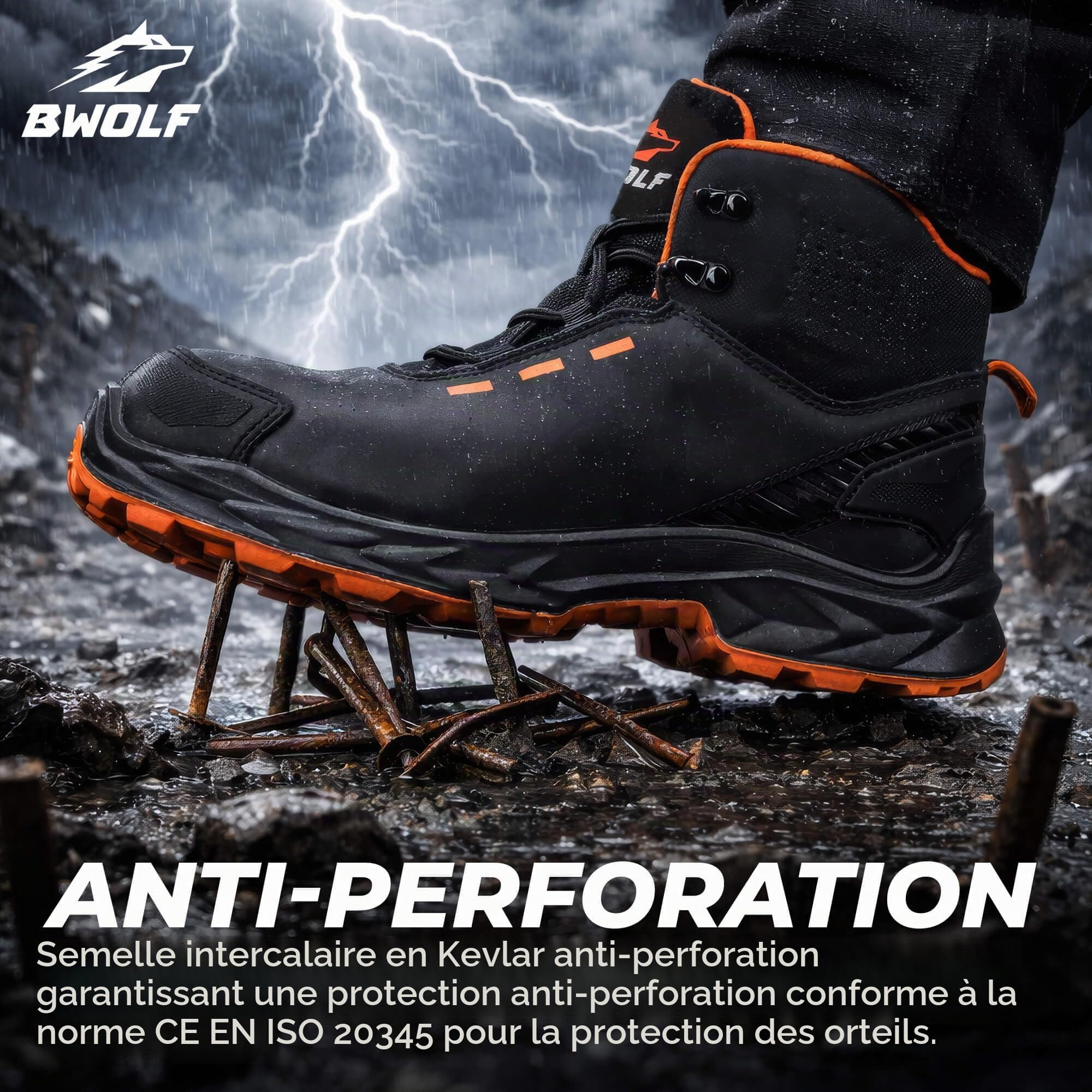 BWOLF Falcon HI S3S Chaussures de travail pour homme en cuir lisse noir avec embout en aluminium, semelle intermédiaire en Kevlar Protection ESD, Noir , 47