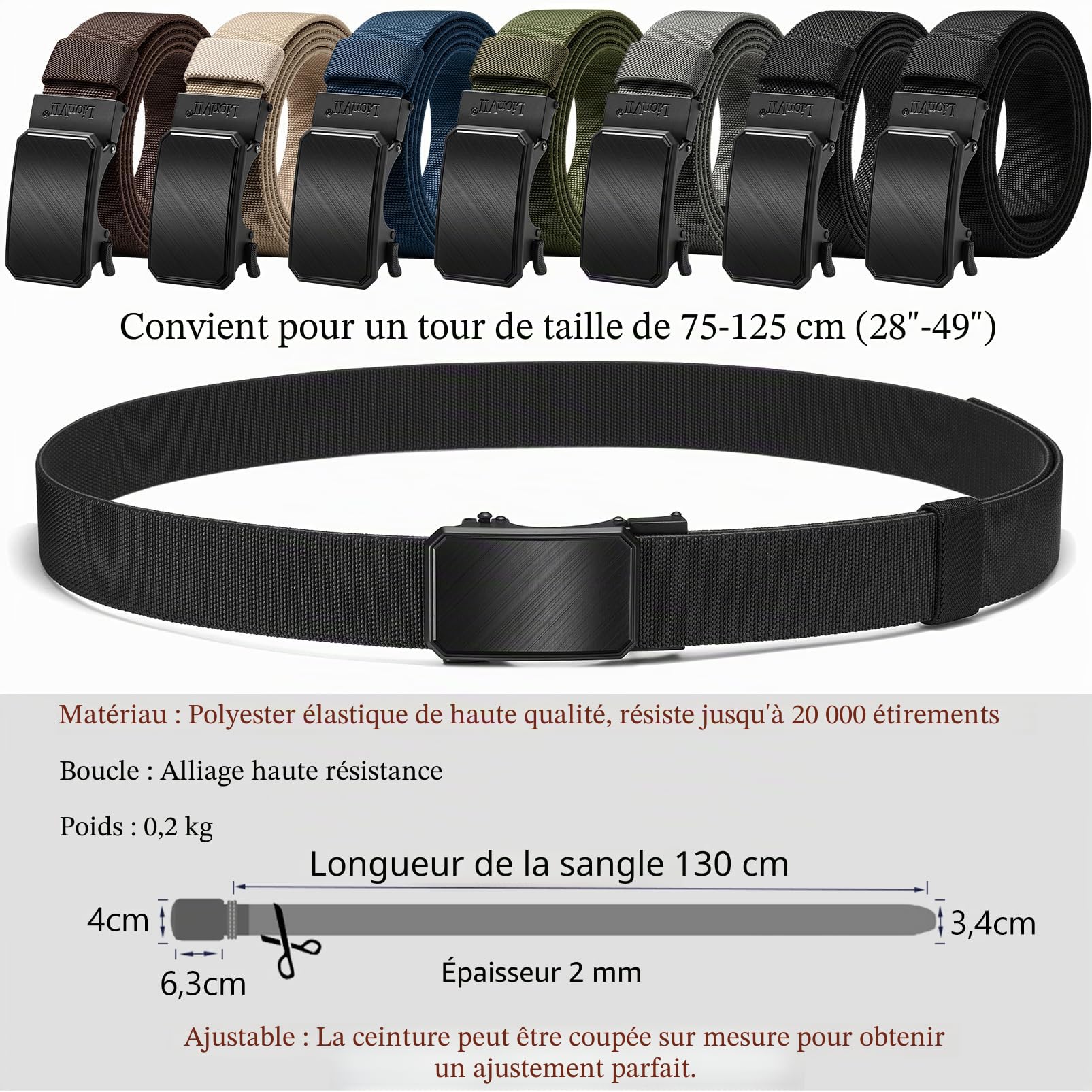 LionVII Ceinture élastique à cliquet avec boucle automatique, ceinture de travail pour homme pour tour de taille de 75 à 125 cm