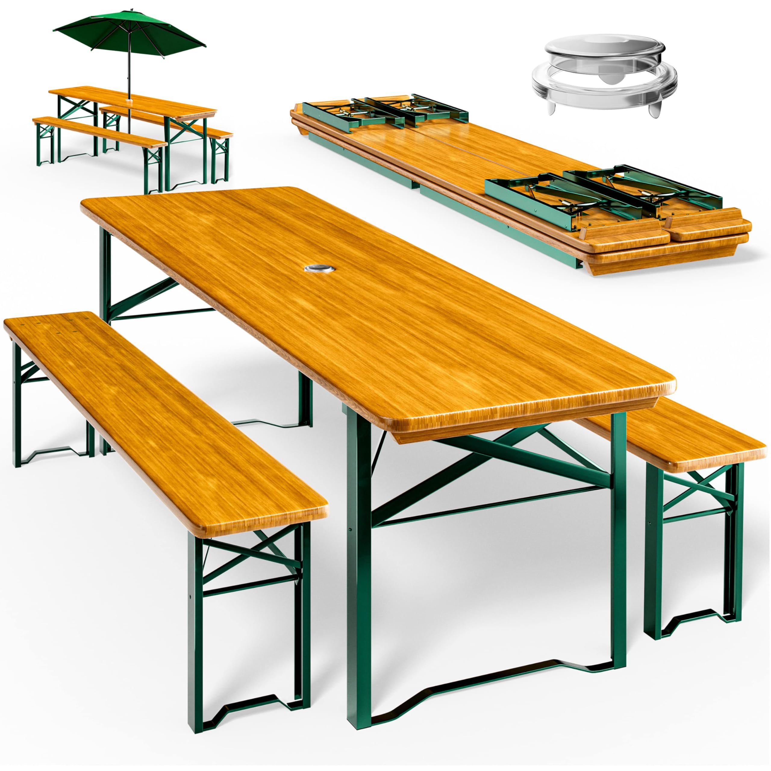 Casaria® Bierzeltgarnitur 170cm Klappbar Stabil 3 Teilig 2X Bierbank 1x Breiter Tisch Holz Biertischgarnitur Festzeltgarnitur Biergarten Biergarnitur
