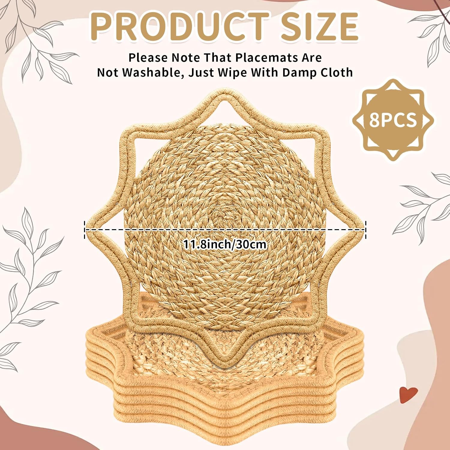 Scalloped Rattan Placemats Set of 8, 11.8 Inch Boho Woven Round Placemats Christmas Farmhouse Rustic Braided Wicker Table Mats for Housewarming Gifts Home Wedding Party Dining Table Decor