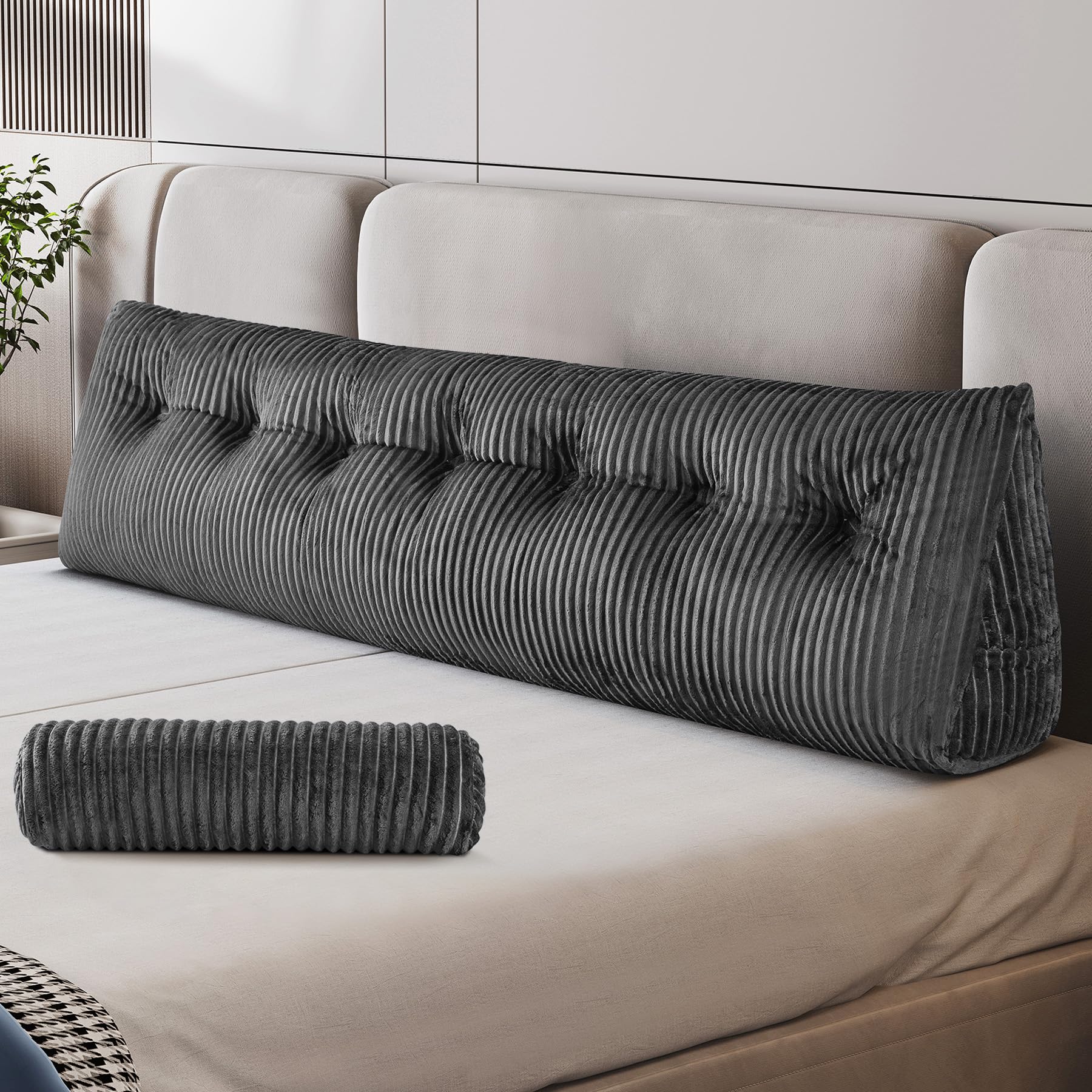 Z-hom King Size Pillow Headboard with 2 Roll Pillow, Triangular Wedge Headboard Pillow, Large Reading Pillow Bed Reading Pillow for Bed Sitting Up Sleeping, Backrest Pillow for Back Pain Relief, Grey