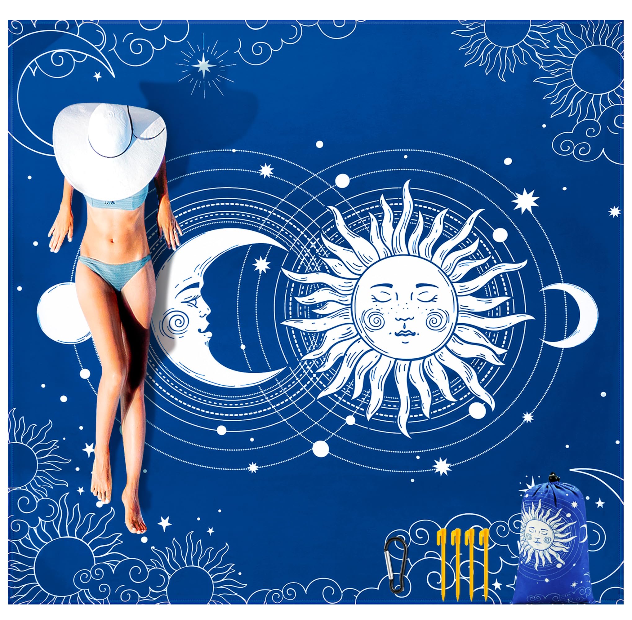 Beach Blanket, Wateresistant Sandproof Sand Free Beach Mat with Corner Pockets Portable Bag for Beach Festival,Picnic,Travel and Outdoor Camping Activties (BL-SUNMOON, 79"×83"(4 Person))