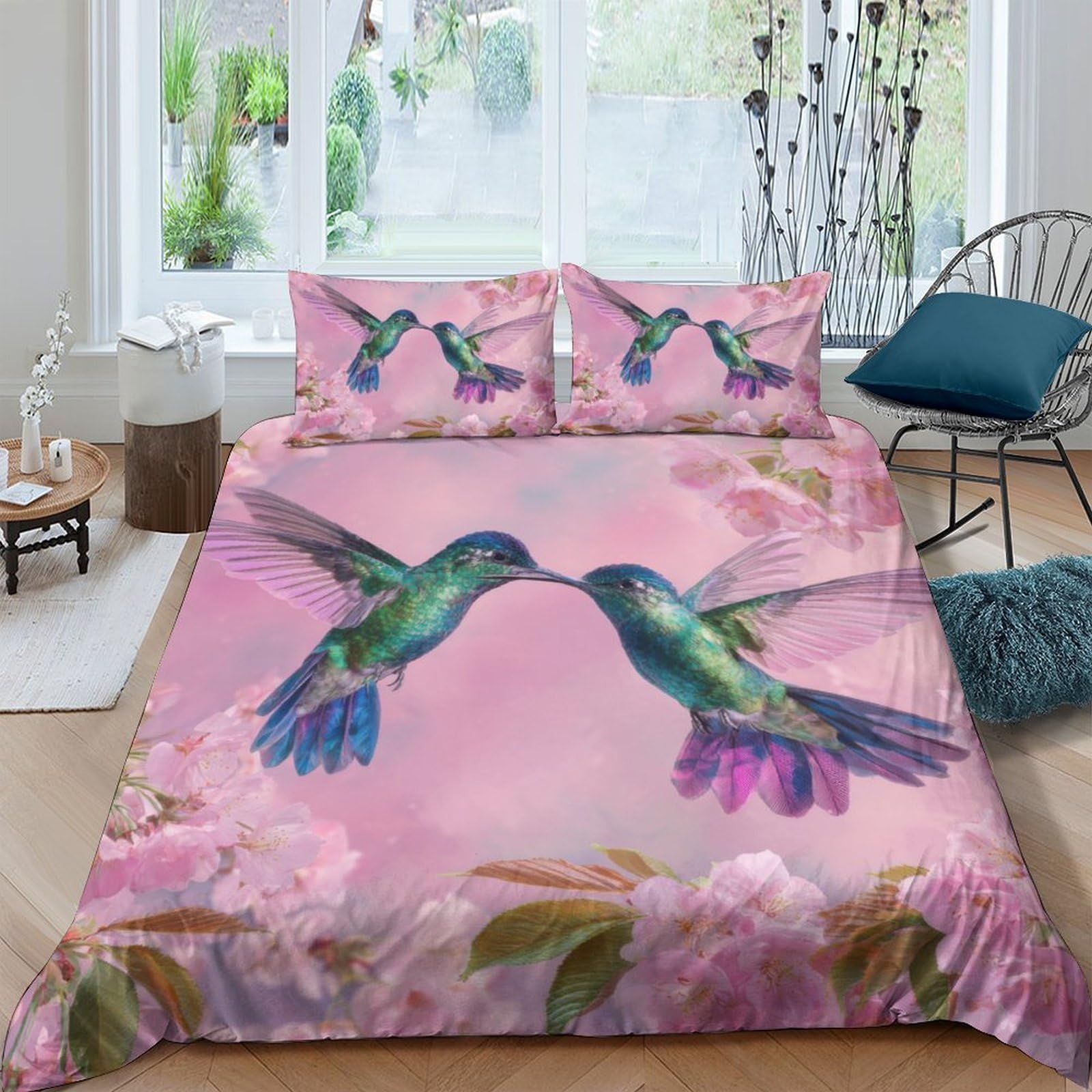 Ctjqhvkz Style-7 3D Printed Hummingbird Floral Fitted Sheet Microfiber Pink Bed Cover Soft Washable Bedroom Decor Single（135X200cm）