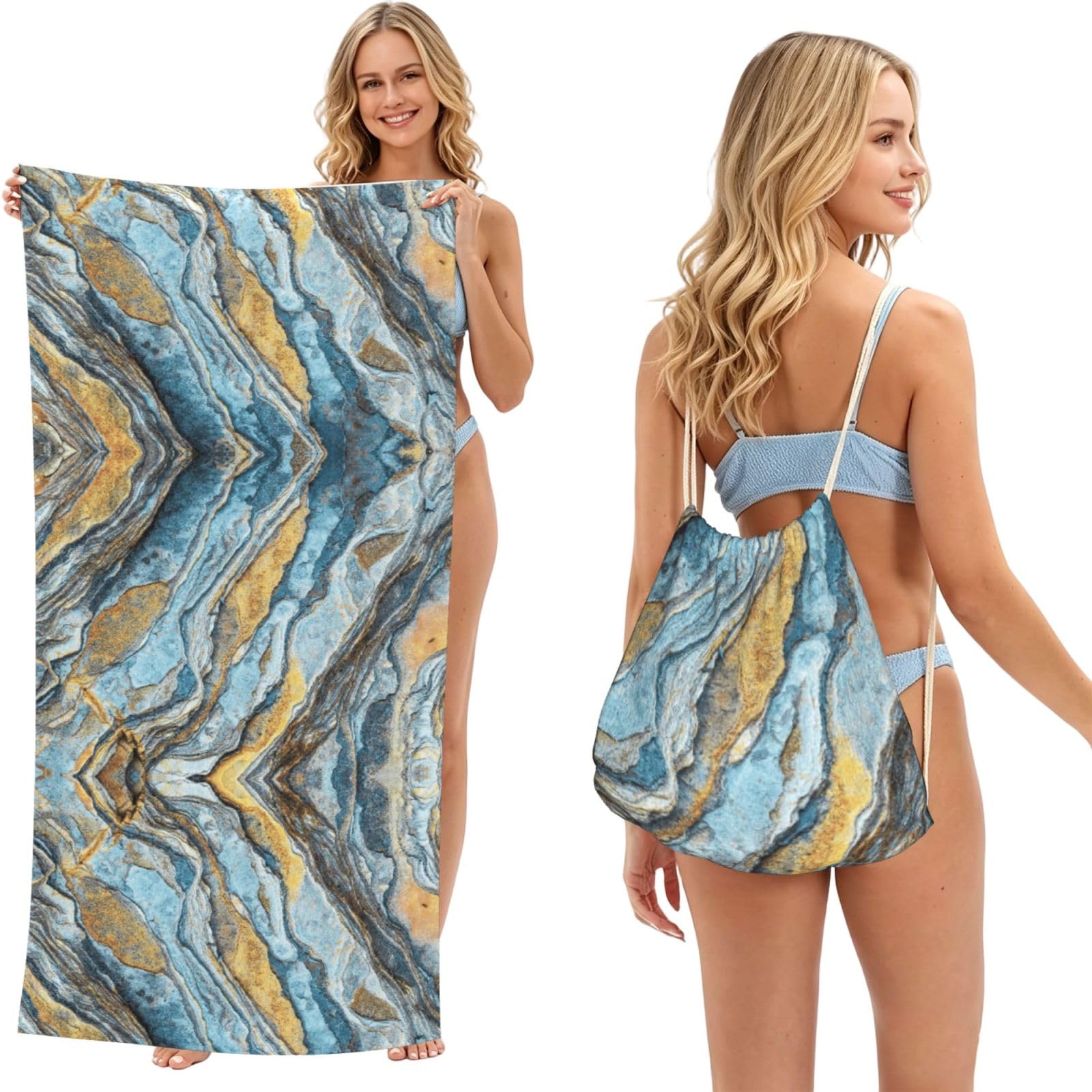 ESNAIUVCD Stone Texture Print Beach Towel For Adults,Towel With Drawstring Bag, Travel Pool Swimming Sports Shower Sand Free Quick