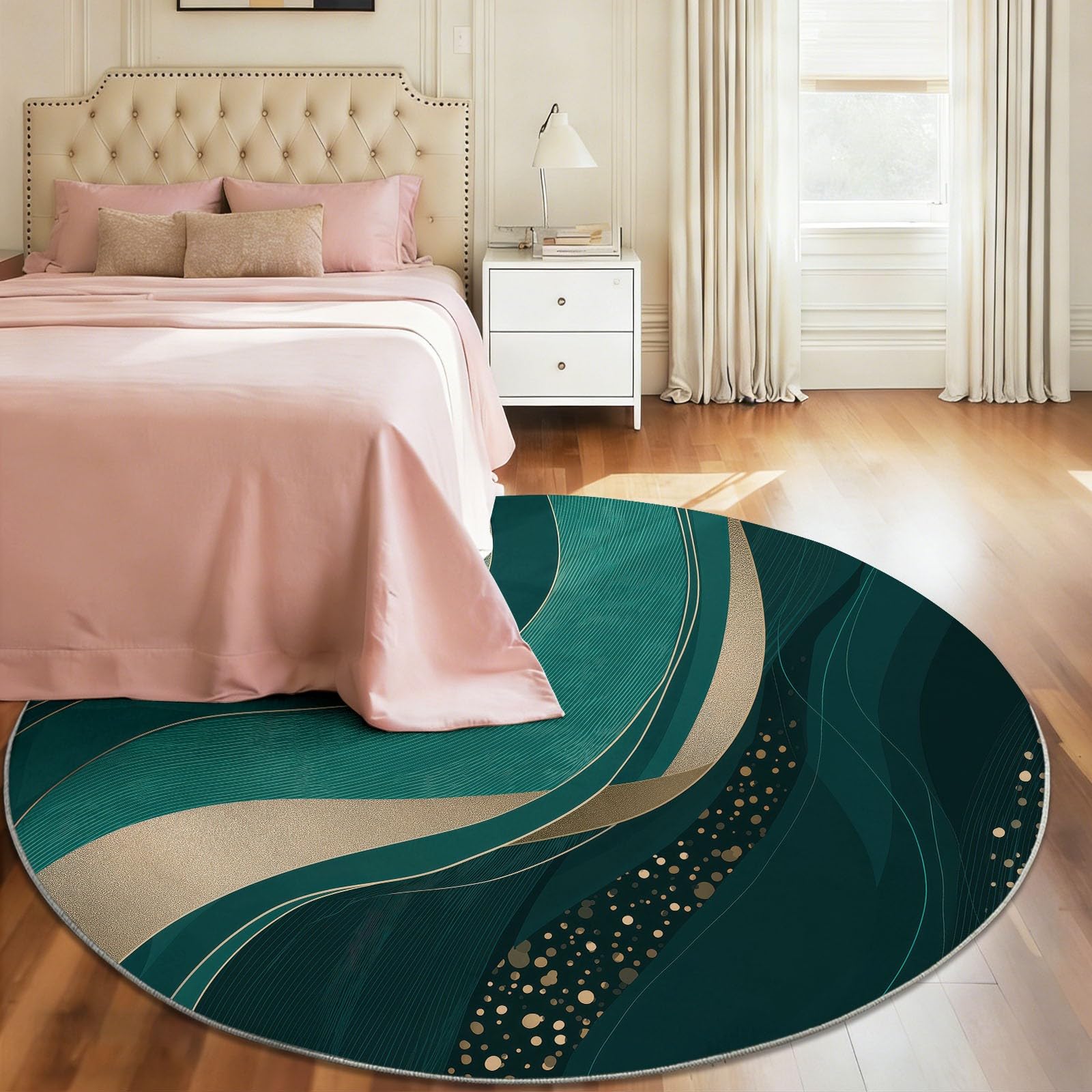 Générique Luxe Italien Tapis Rond Salon 180 cm Poils Courts pour Chambre Cuisine Intérieur, Texture Marbre Lignes Dorées Antidérapant Doux Flanelle Tapis Rond Décoratif, Vert Foncé