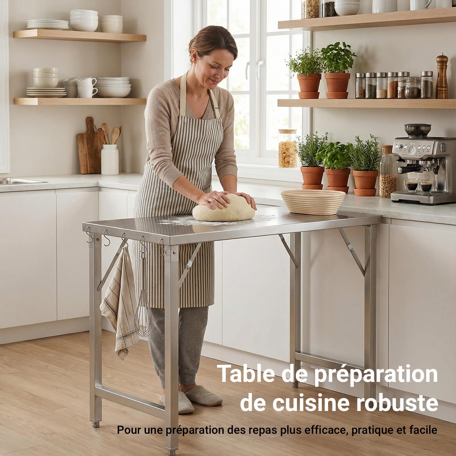 TLSUNNY Table de Travail Cuisine Pliante Acier Inoxydable 120x60cm, Établi de Restauration en Inox avec 5 Crochets, Pied Réglables, Charge 250kg,Table de Préparation Alimentaire pour Restaurant Jardin