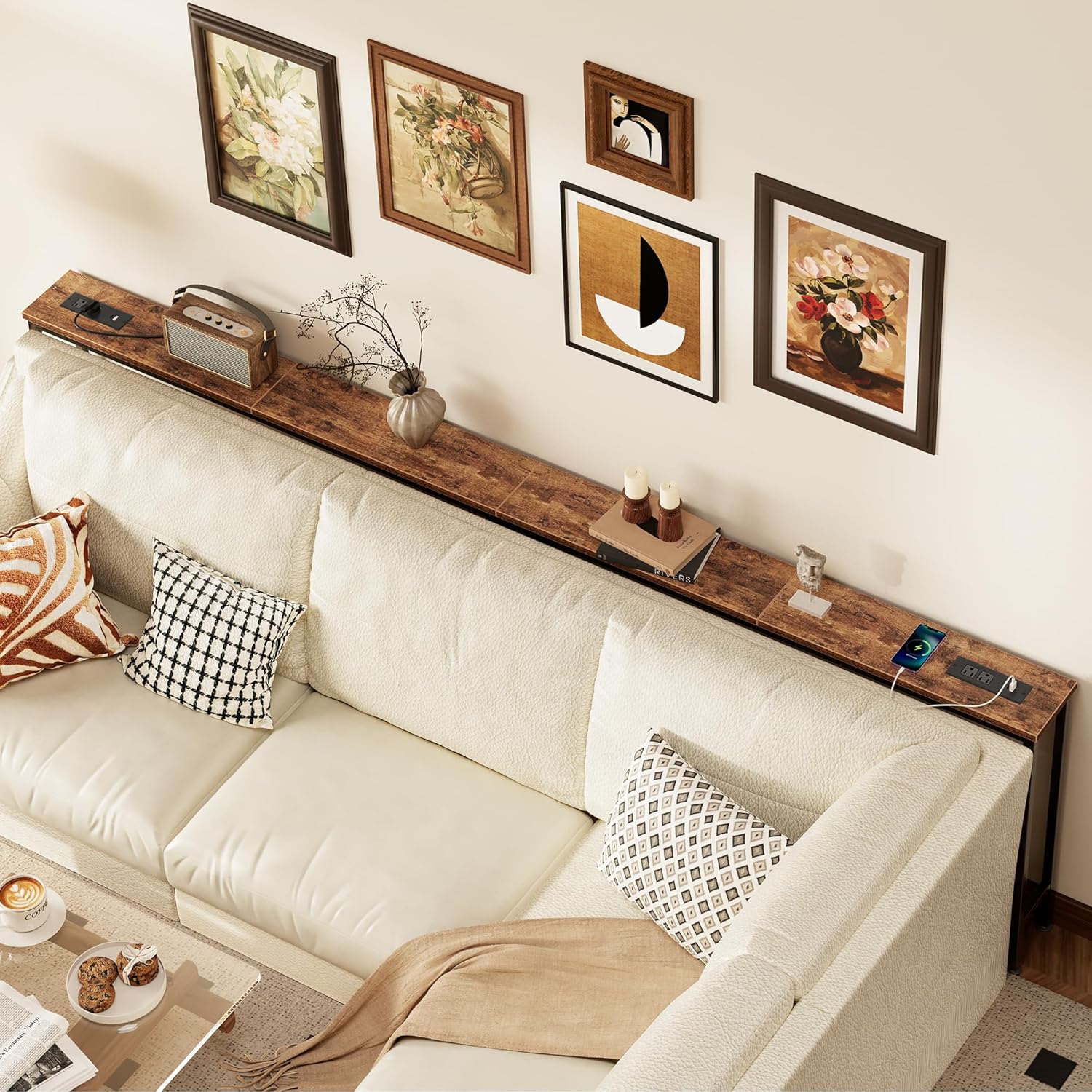 SUPERJARE 106.3 Inch Sofa Table with Power Outlets and USB-C Ports, 5.9 Inch Narrow Console Tables, Entryway Hallway Couch Tables with Storage, Behind Sofa, Small Spaces, Living Room, Rustic Brown