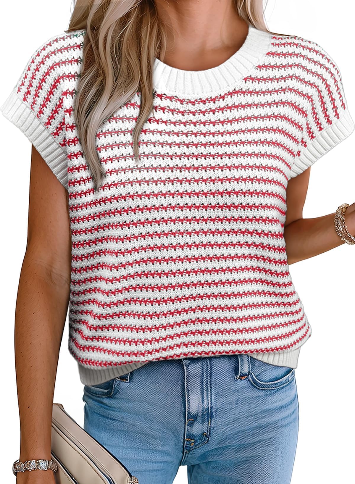 BUNSLOOM Pullunder Damen Rundals Strick Pullover Streifen Strickweste Lockere Trendy Casual Strickpullover Freizeit Tank Top