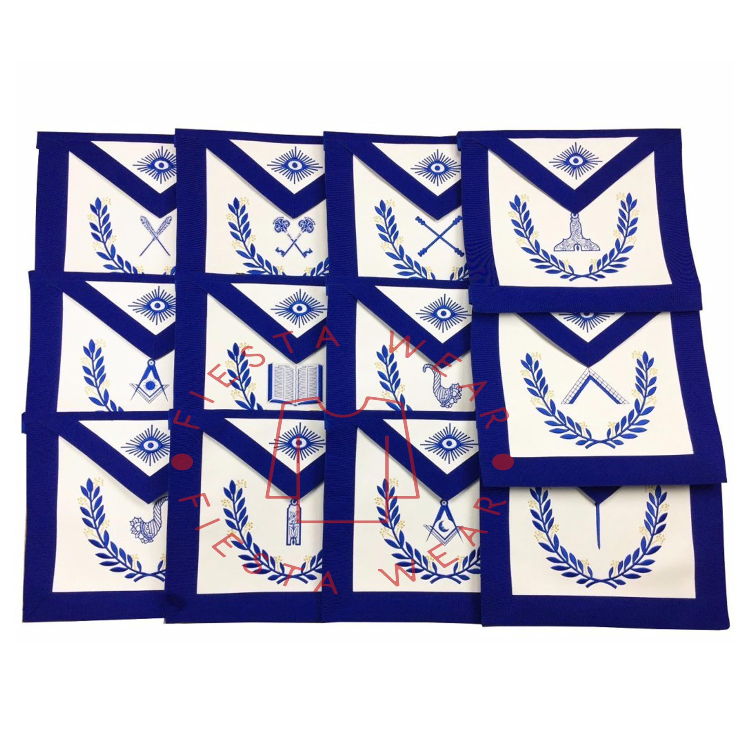OFFICERS BLUE LODGE OFFICER APRON SET - ROYAL BLUE RIBBON MACHINE EMBROIDERY (SET OF 12) - Fiesta Wear by Generic – Standard, Faux Leather, Royal Blue, Pack of 12, Model Fw2309113