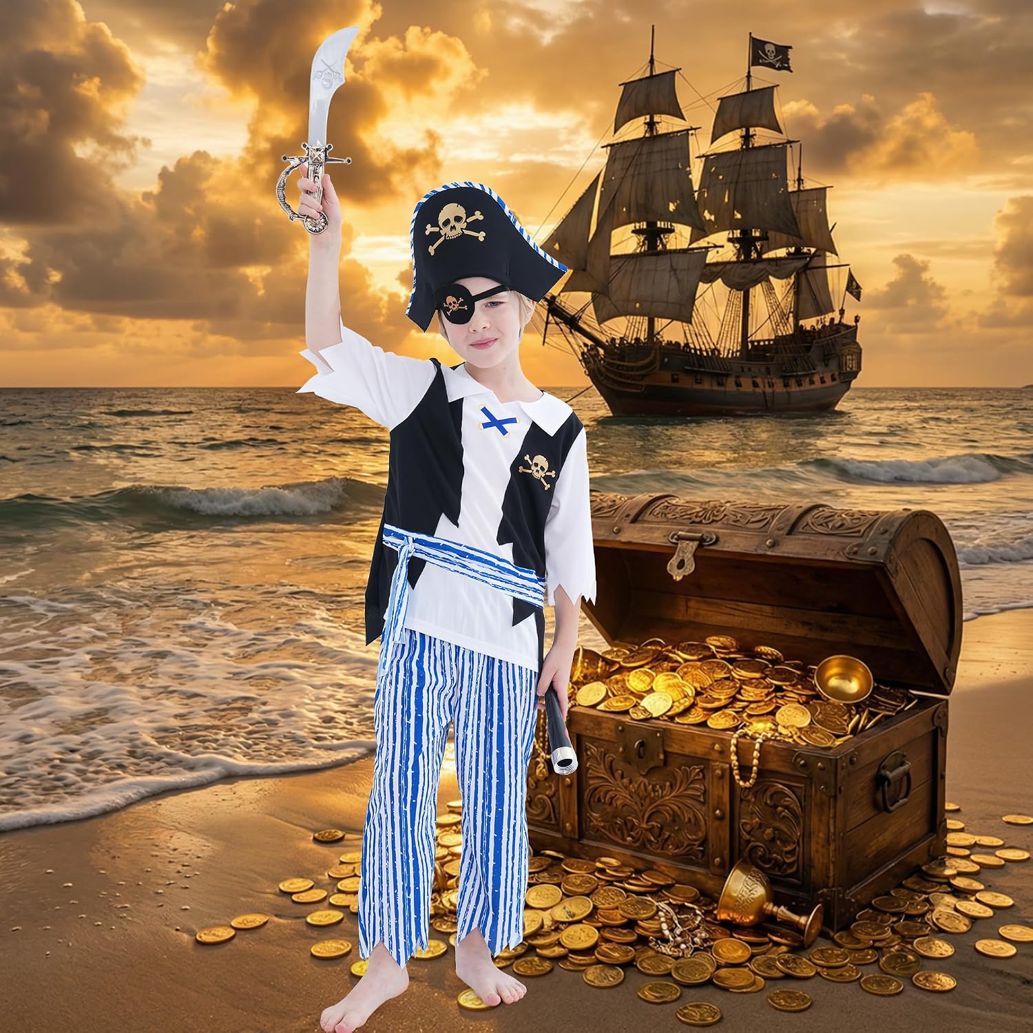 Lingway Toys Kids Pirate Costume with Accessories,Boys Pirate Halloween Dress Up Set