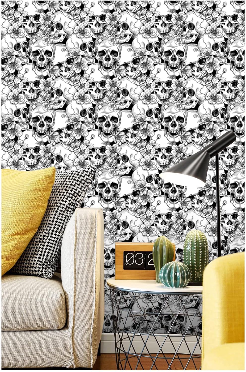 Sugar Skull Floral Peel and Stick Wallpaper - Waterproof, Thick, Self-Adhesive, Removable, Black/White, 17.5" x 393.7"