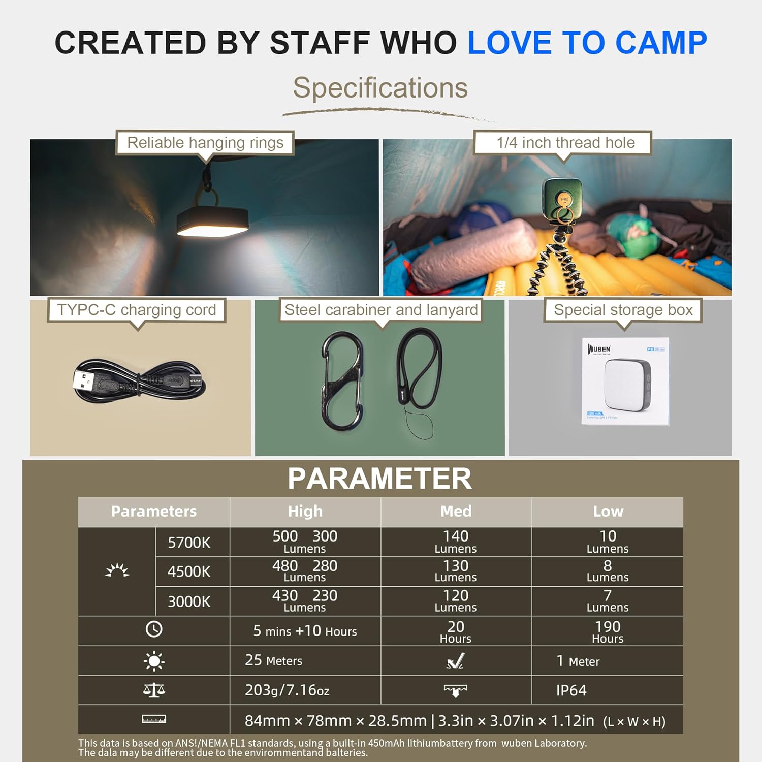 Tabla de especificaciones detalladas del WUBEN F5 CampLinterna, incluyendo salida de lúmenes, duración de la batería y dimensiones.