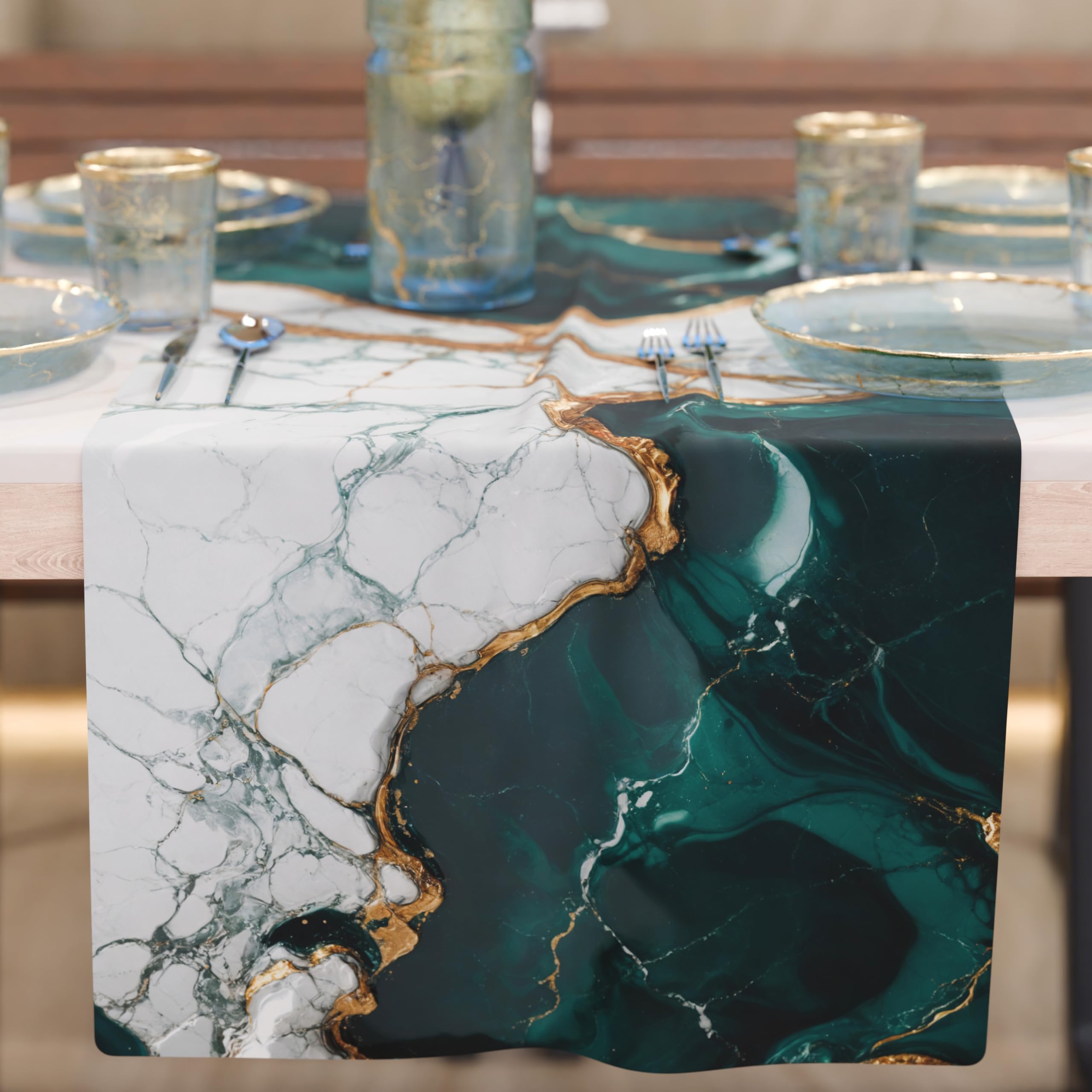 PETTI Artigiani Italiani - Modern Elegant Table Runner Tablecloth with Teal Marble Effect, 100% Made in Italy