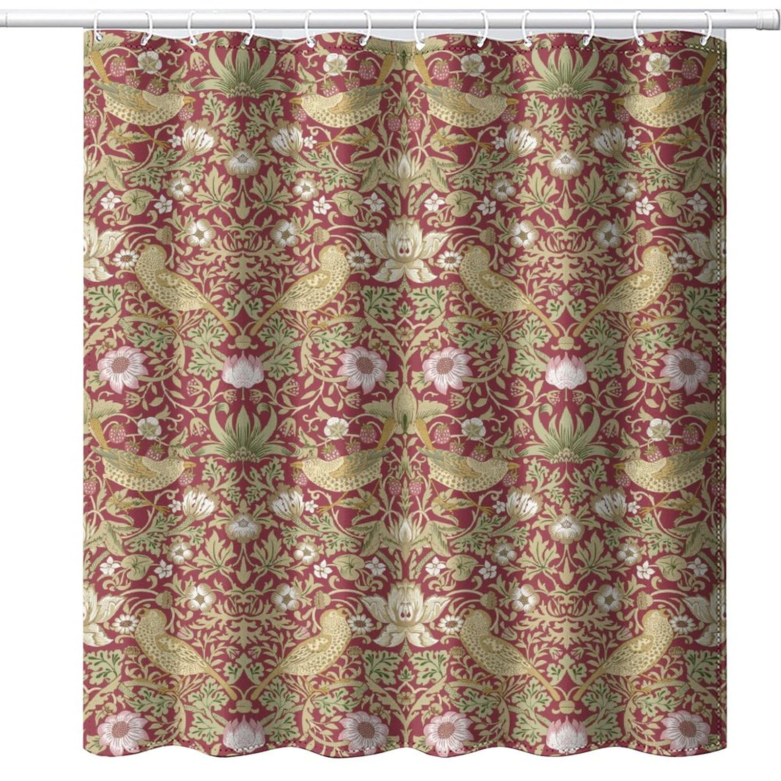 DDCBNS William Morris Floral Shower Curtain,Mid Century Vintage Flower Birds Plant Abstract Art Print Shower Curtain for Bathroom Decor Fabric Waterproof Upholstery Hook 72x84in Red