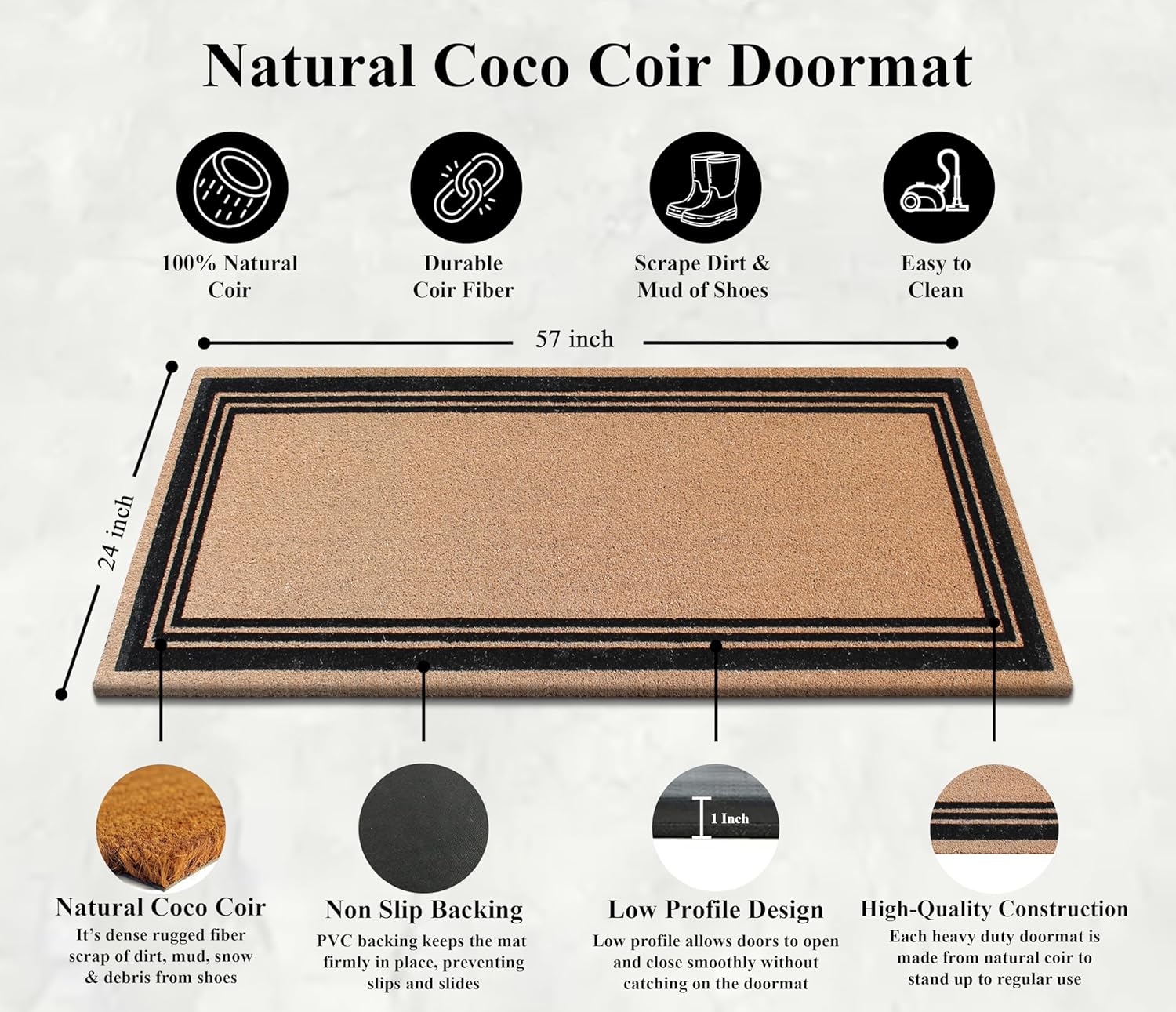 A1HC Natural Coir Flock Doormat for Outside Entrance, Anti-Shed Treated Durable Front Door Mat, Heavy Duty & Thin Profile Mats, Easy to Clean Entrymat - 24" x 57"
