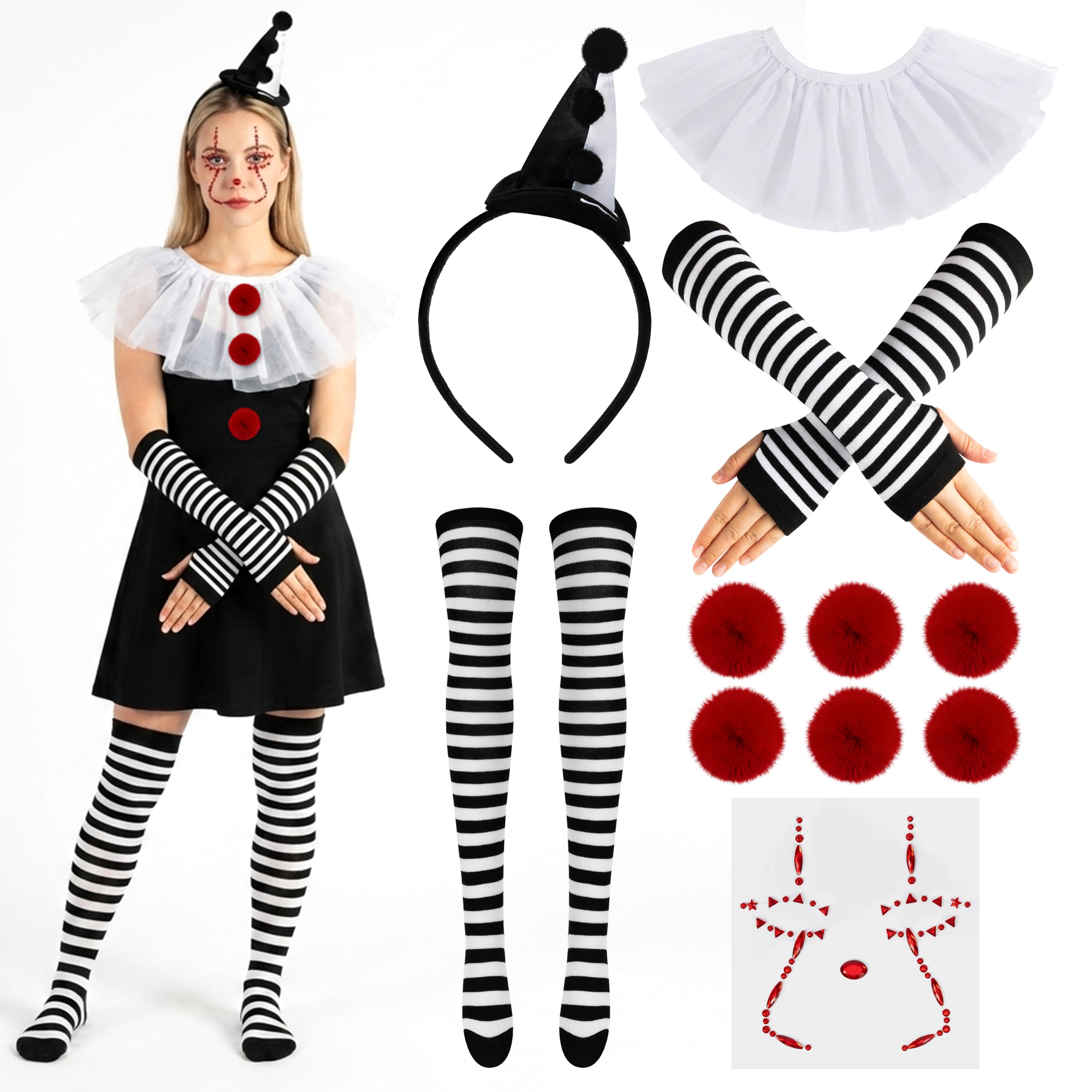 YINGENIVA 11Pcs Black and White Clown Costume Set for Women Halloween Party