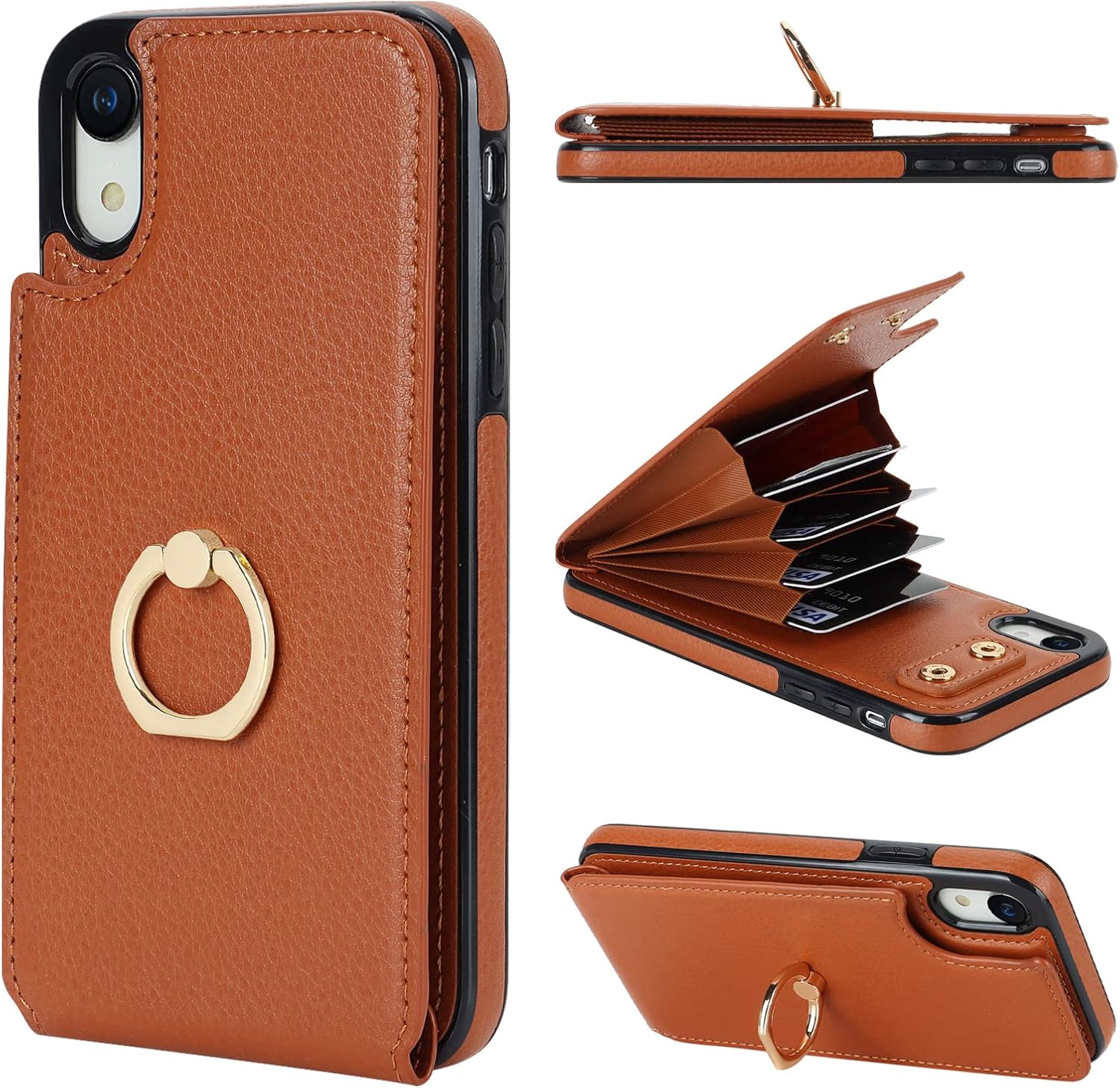Folosu Compatible with iPhone XR Case Wallet with Card Holder, 360°Rotation Finger Ring Holder Kickstand Protective RFID Blocking PU Leather Double Buttons Flip Shockproof Cover 6.1 Inch Brown