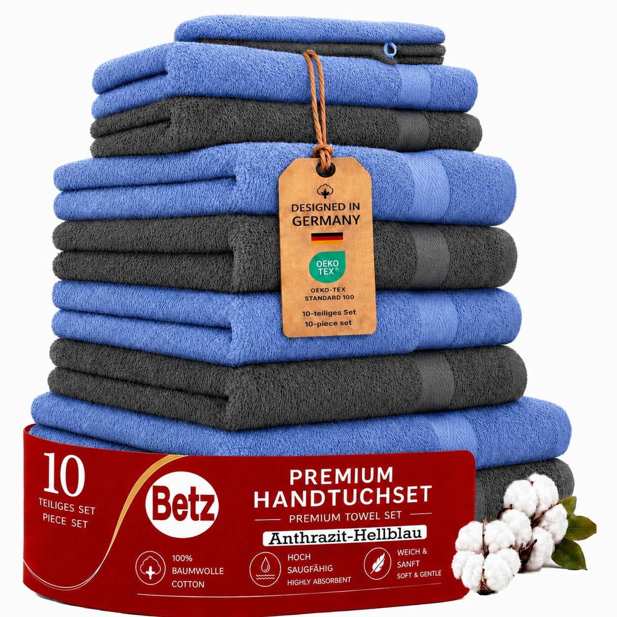 Betz 10-częściowy zestaw ręczników premium 100% bawełna 2 ręczniki kąpielowe 4 ręczniki do rąk 2 ręczniki dla gości 2 rękawice do mycia kolor jasnoniebieski antracyt