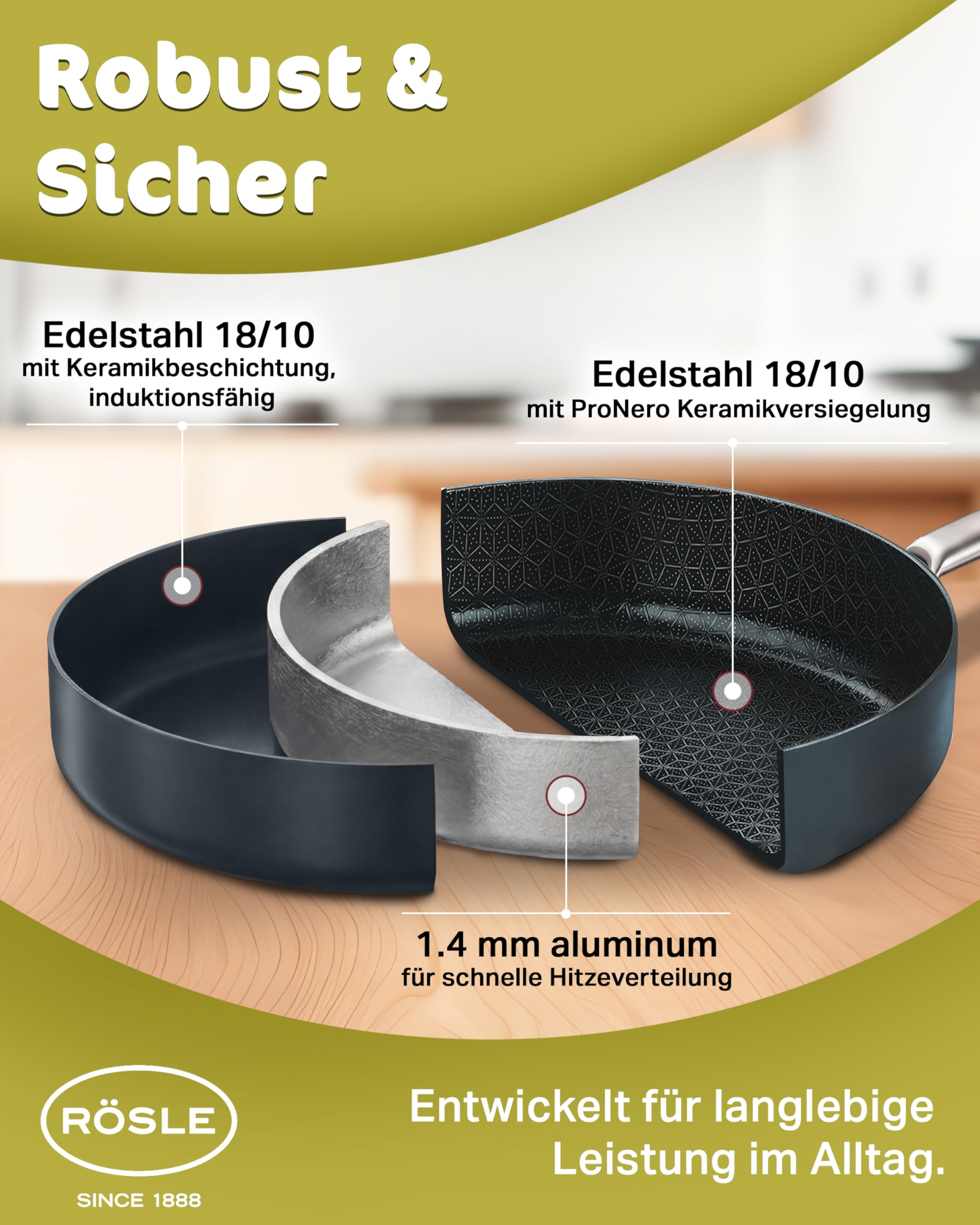 RÖSLE EBONIC Pfanne 20cm Induktion – Bratpfanne 20 cm mit ProNero Keramik Antihaftbeschichtung & Wabenstruktur – PFAS-freie Antihaft Pfanne – 3-Schicht Mehrschichtmaterial – für alle Herdarten