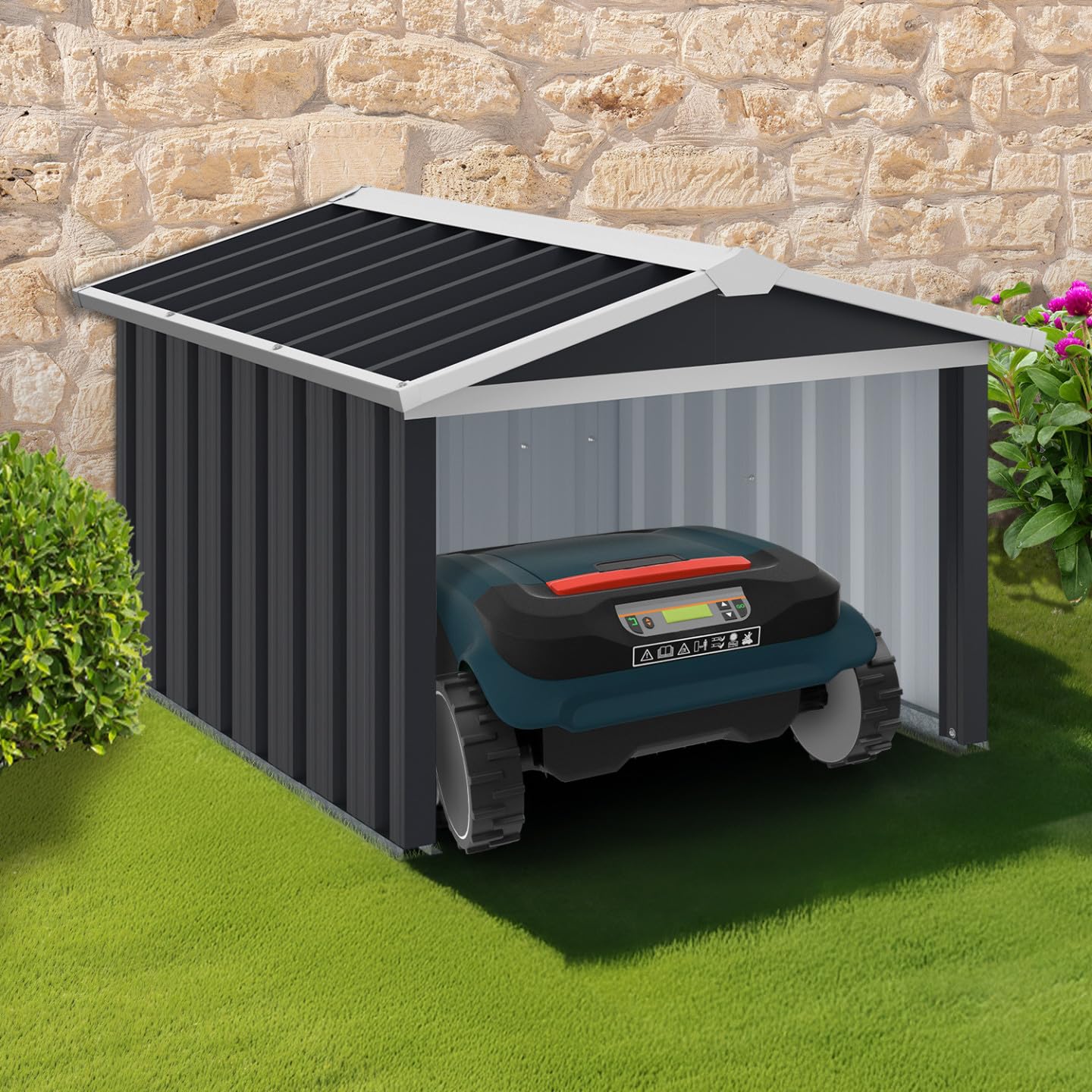 Garage per Tosaerba Robotizzato Tetto a 2 spioventi Metallo Grigio Antracite 86 x 98 x 62 cm