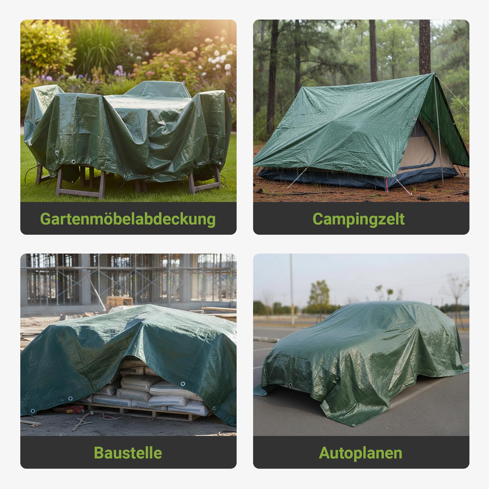 Colorus Gewebeplane 48m² | Grün 6 x 8 m | Gewebeplane wasserdicht | Wetterschutzplane mit Ösen | Abdeckplane für Holz & Gartenmöbel | Allzweckplane