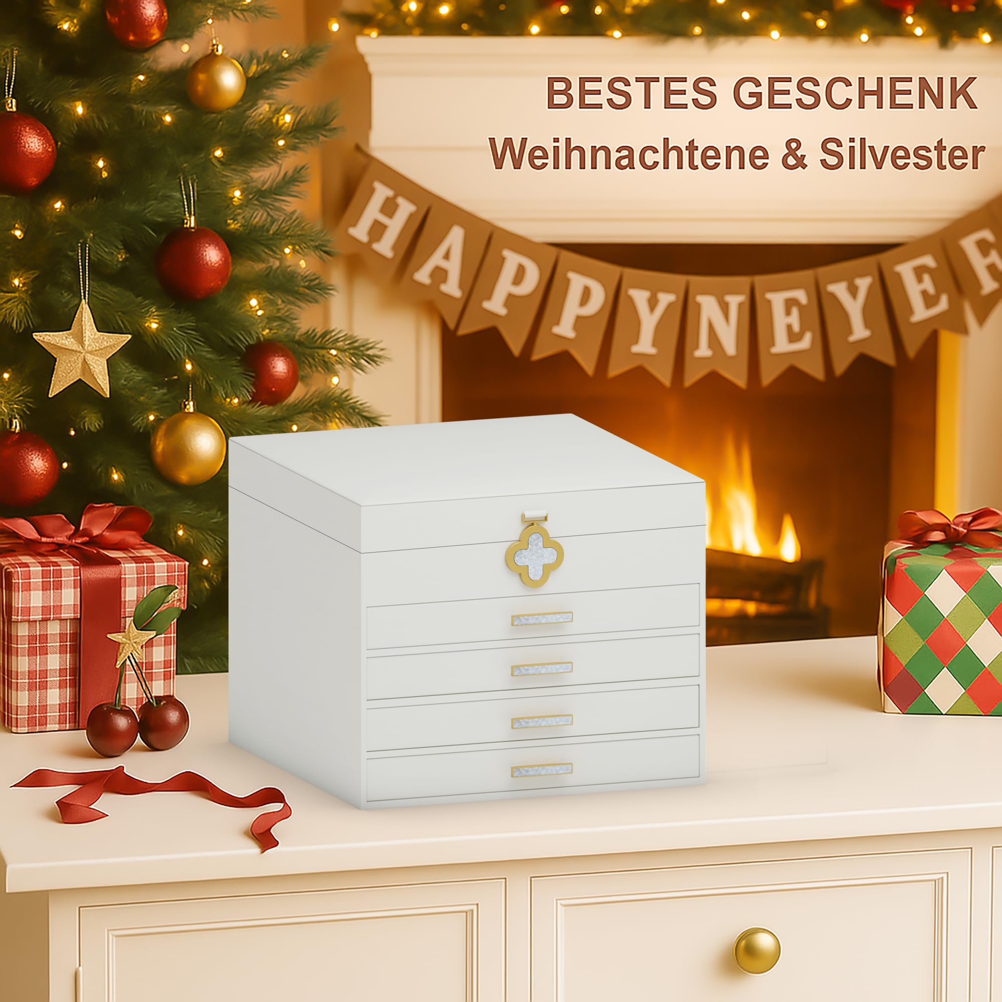 ADEL DREAM Portagioie a 5 ripiani con bottone a forma di quadrifoglio, con vassoio estraibile, organizer per gioielli con grande specchio, scomparti regolabili fai da te, per mamme e ragazze bianco