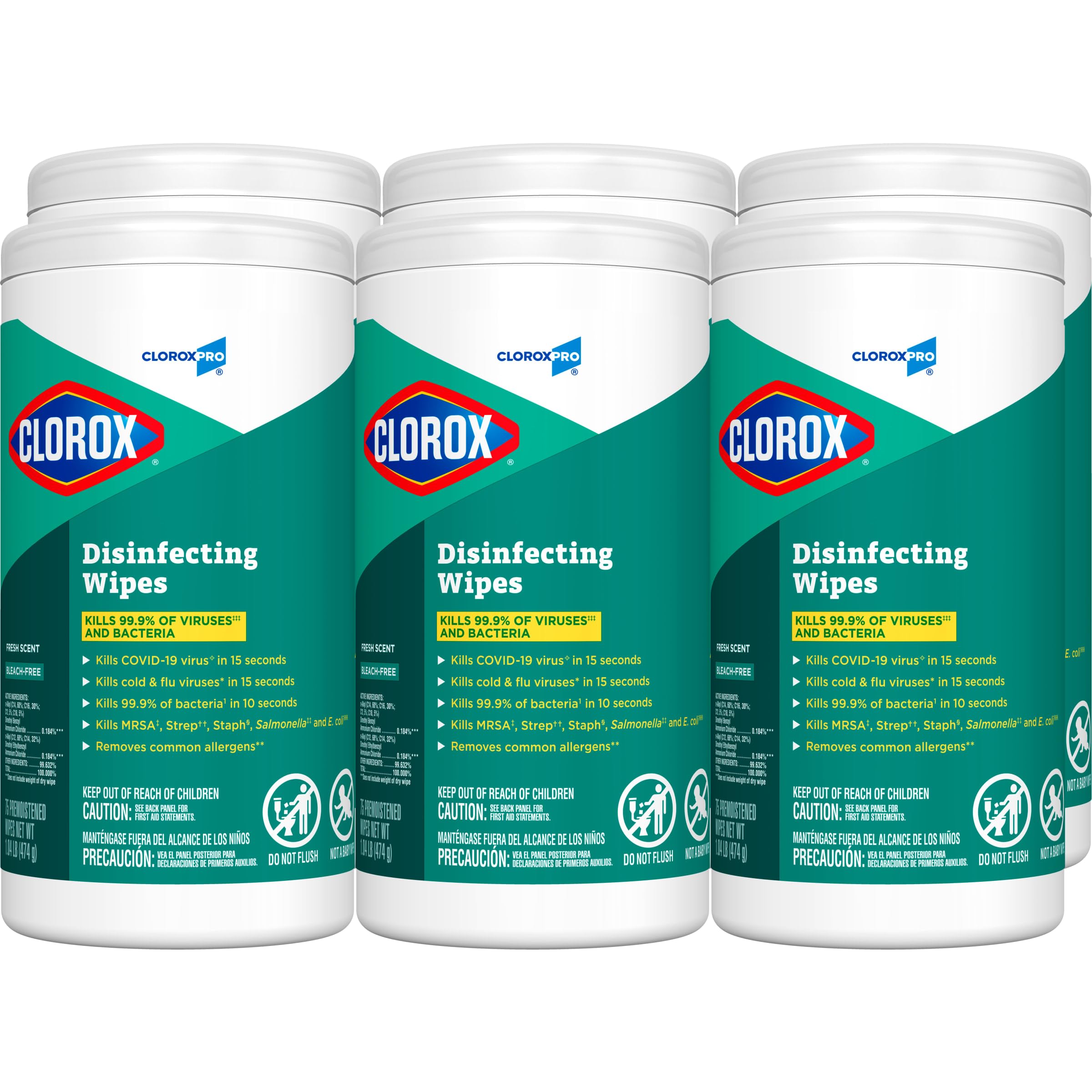 Clorox Commercial Solutions Disinfecting Wipes, Fresh Scent - 75 Wipes - 6 Canisters/Case (15949)