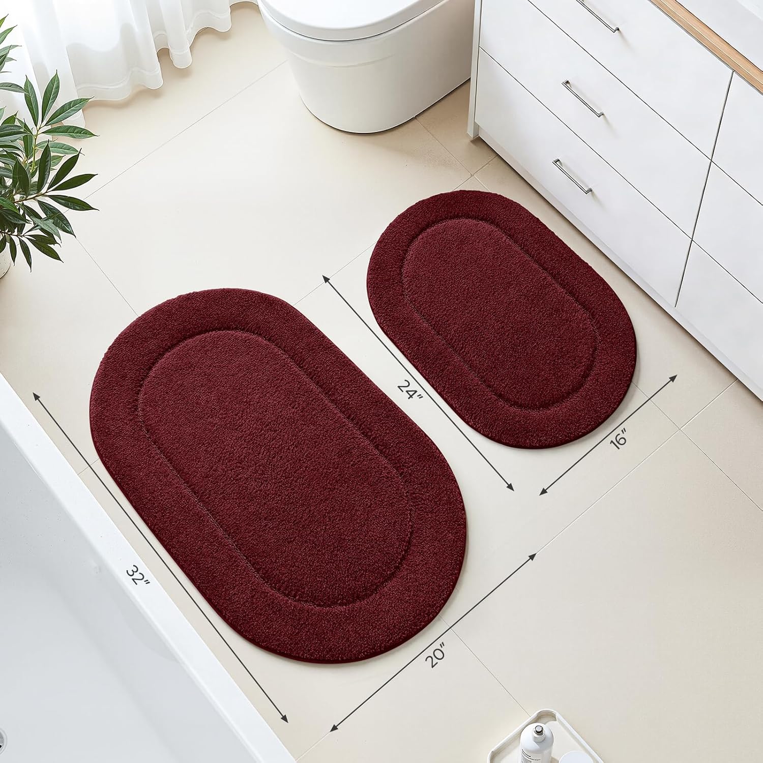 HOMEIDEAS Bathroom Rugs Sets 2 Piece, Soft Bathroom Mats and Absorbent Microfiber Machine Washable Bath Mats for Shower Room, Bathtub, Kitchen (20" x 32" + 16" x 24", Burgundy Red)