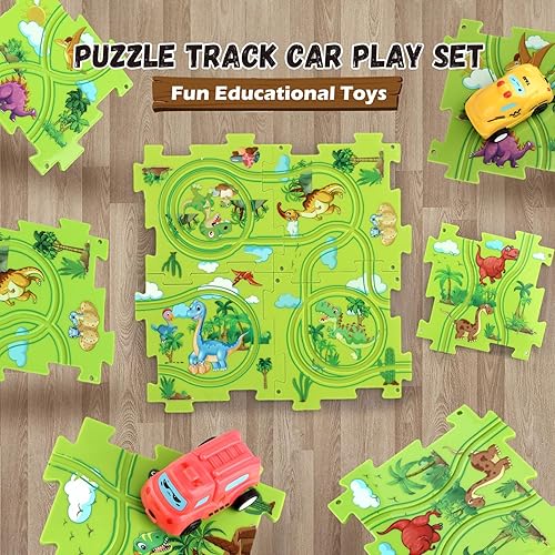 Miniatura 2 de Juego de rompecabezas de dinosaurio para niños de 3 a 5 a 7 años, juguetes educativos con 2 carriles, figuras de dinosaurio, árboles y rocas,