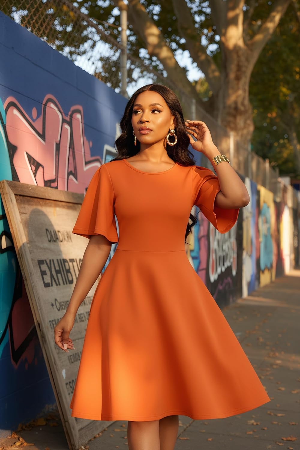 Nmoder Womens Wedding Guest Dress|A-Line Ruffle Flared Sleeve Summer Midi Dresses for Party Church Crewneck with Pockets - Image 2