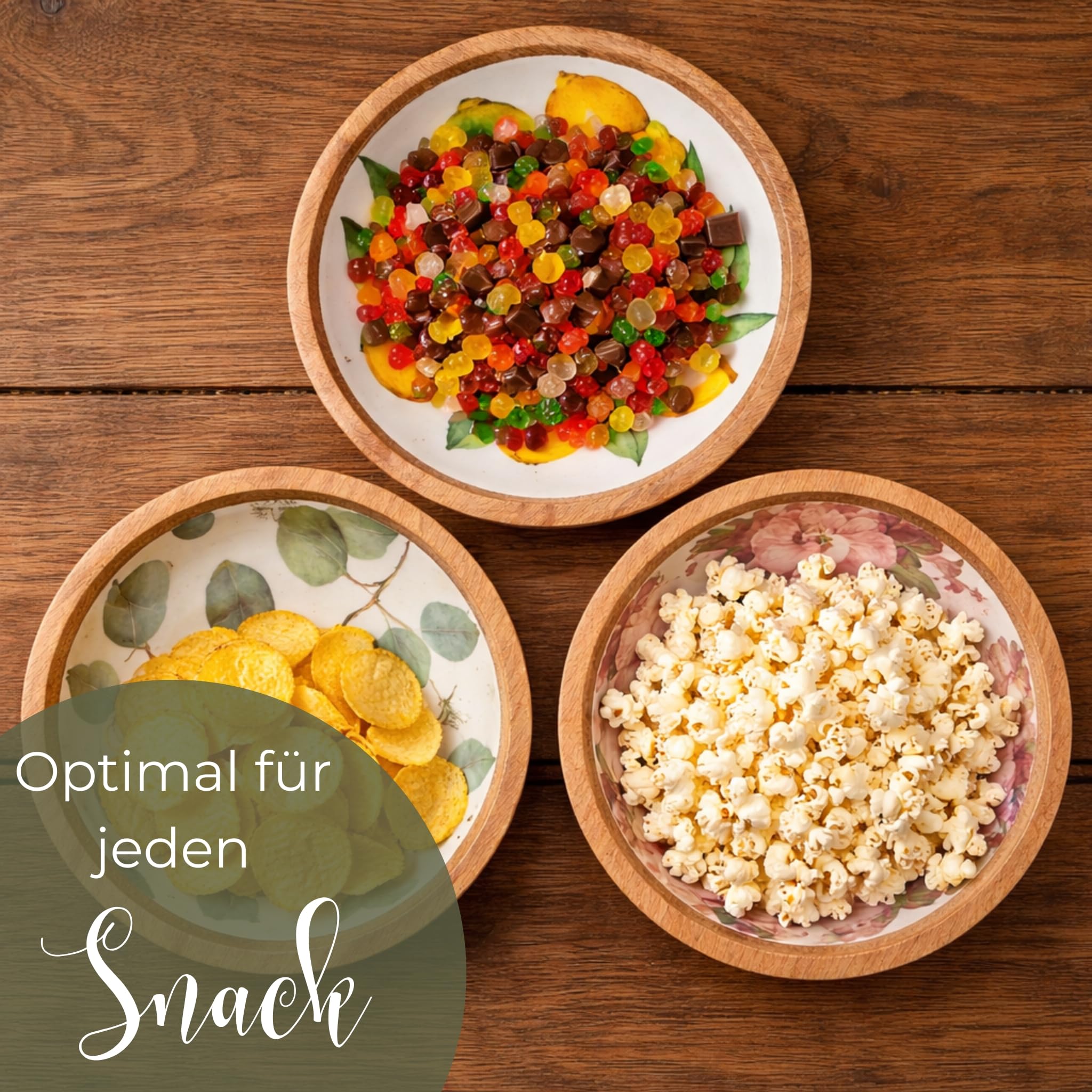 Salat-Set Salatschüssel & Salatbesteck mit Rosen-Design - Servierset aus Holz für Salat & Obst
