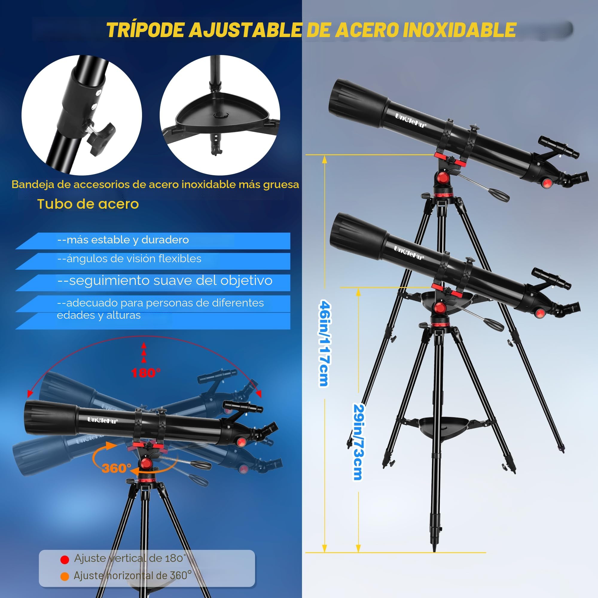 UncleHu Telescopio para Astronomía Adultos Principiantes, 36X-450X, 90mm Apertura 900mm Refractor Profesional Portátil Telescopios Astronómicos con Trípode&Adaptador para Teléfono&Bolsa de Transporte