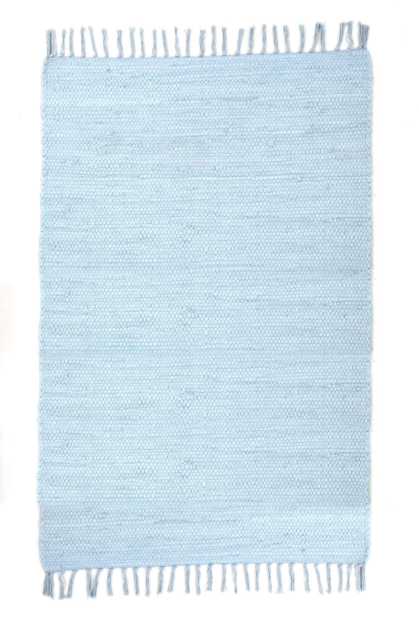 Theko | Dhurry Teppich aus 100% Baumwolle Flachgewebe Teppich Happy Cotton | handgewebt | Farbe: Hellblau | 160x230 cm