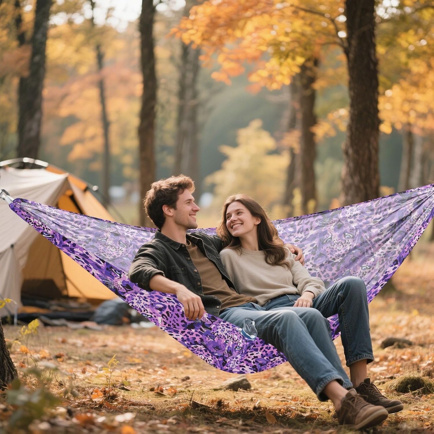 ALAZA Purple Leopard Print Camping Hammocks Single or 2 Person 500 lbs Portable Parachute Travel Hammock w/Tree Straps for Hiking Backpacking Indoor Outdoor
