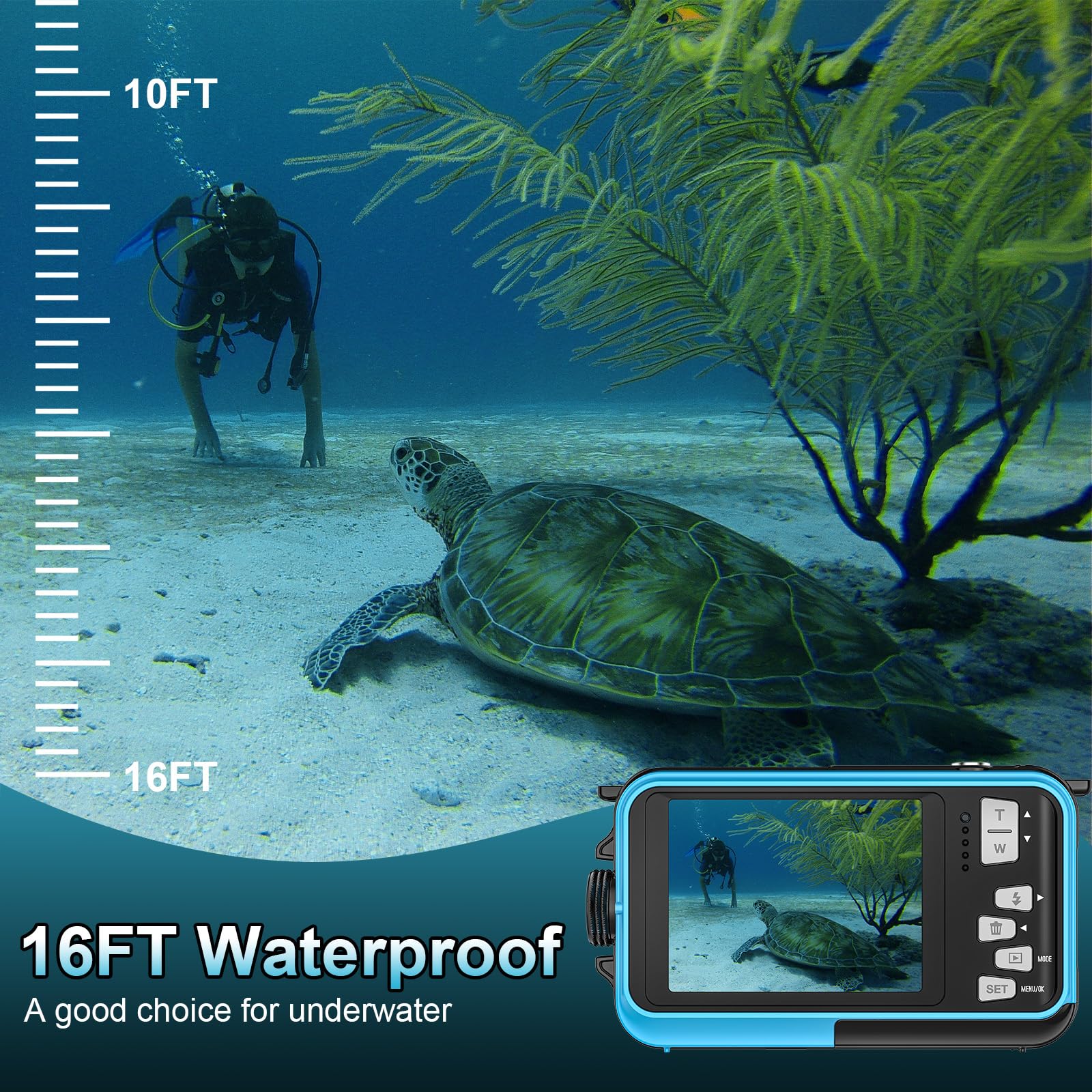 Unterwasserkamera 2.7K Digitalkamera wasserdichte 56MP Autofokus wasserdichte Kamera Fotokamera mit 32GB Karte