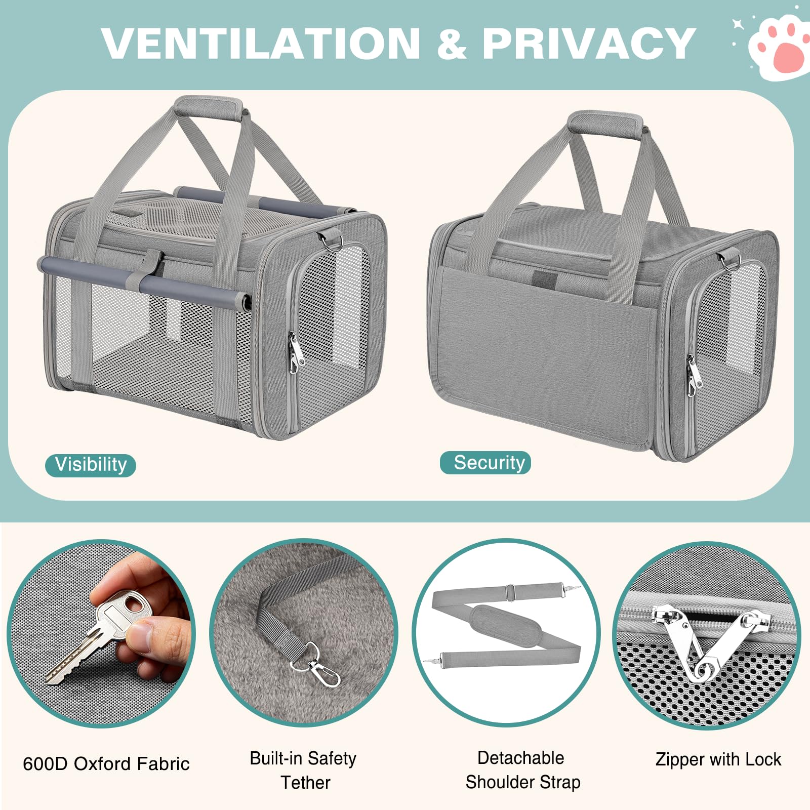 Sac Transport Chat Approuvé Aviation Sac Transport Chien Respirant et Pliable Caisse de Transport Chat avec Bandoulière Réglable Portable Cage Transport Chat avec Tapis Réversible (Gris)